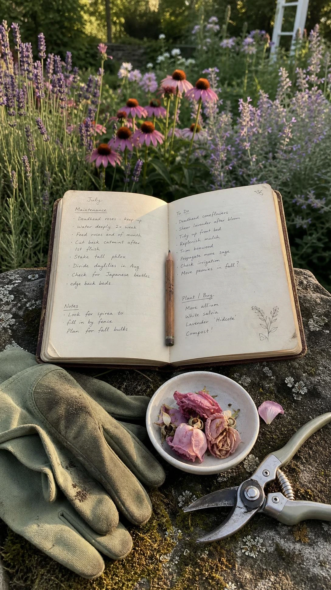 Weathered garden journal open on mossy stone showing handwritten flower garden maintenance notes in warm golden afternoon light