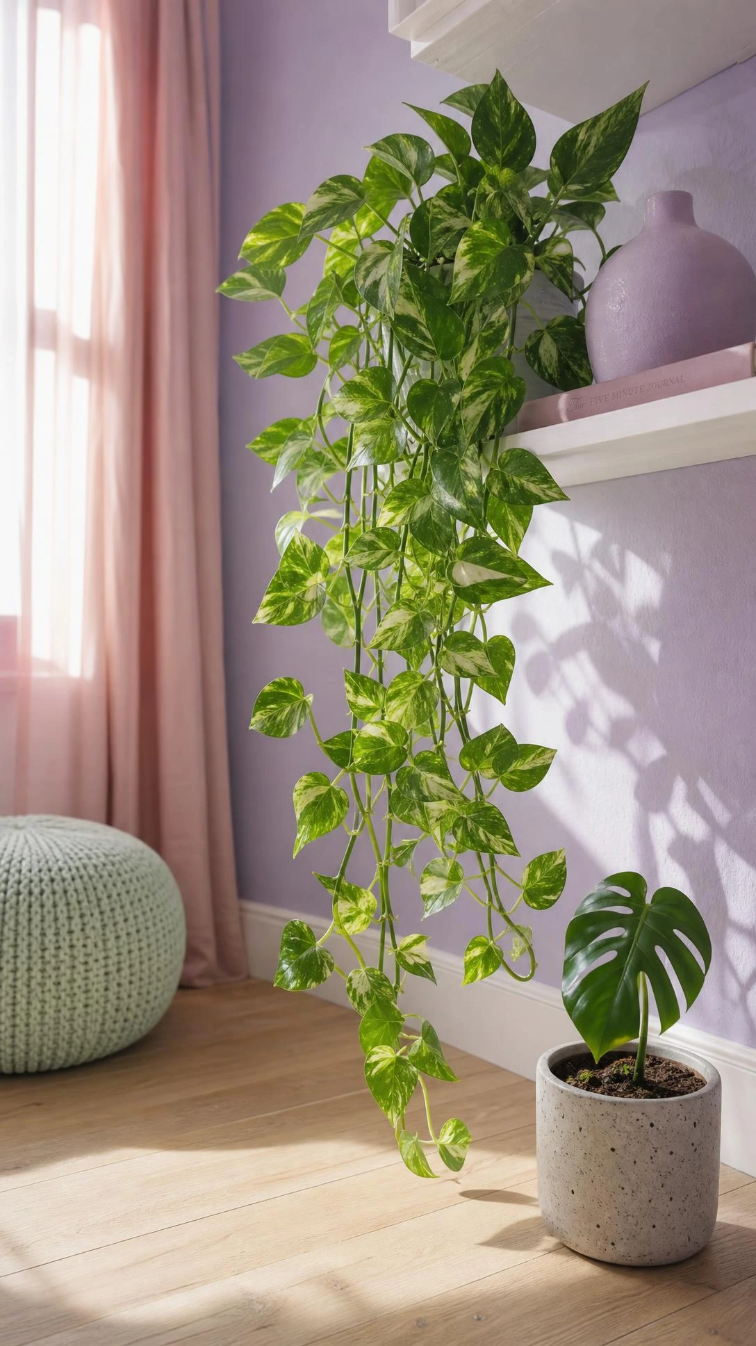 Variegated pothos trailing from a white shelf adds bold green contrast to a pastel room aesthetic, softening the look with organic life