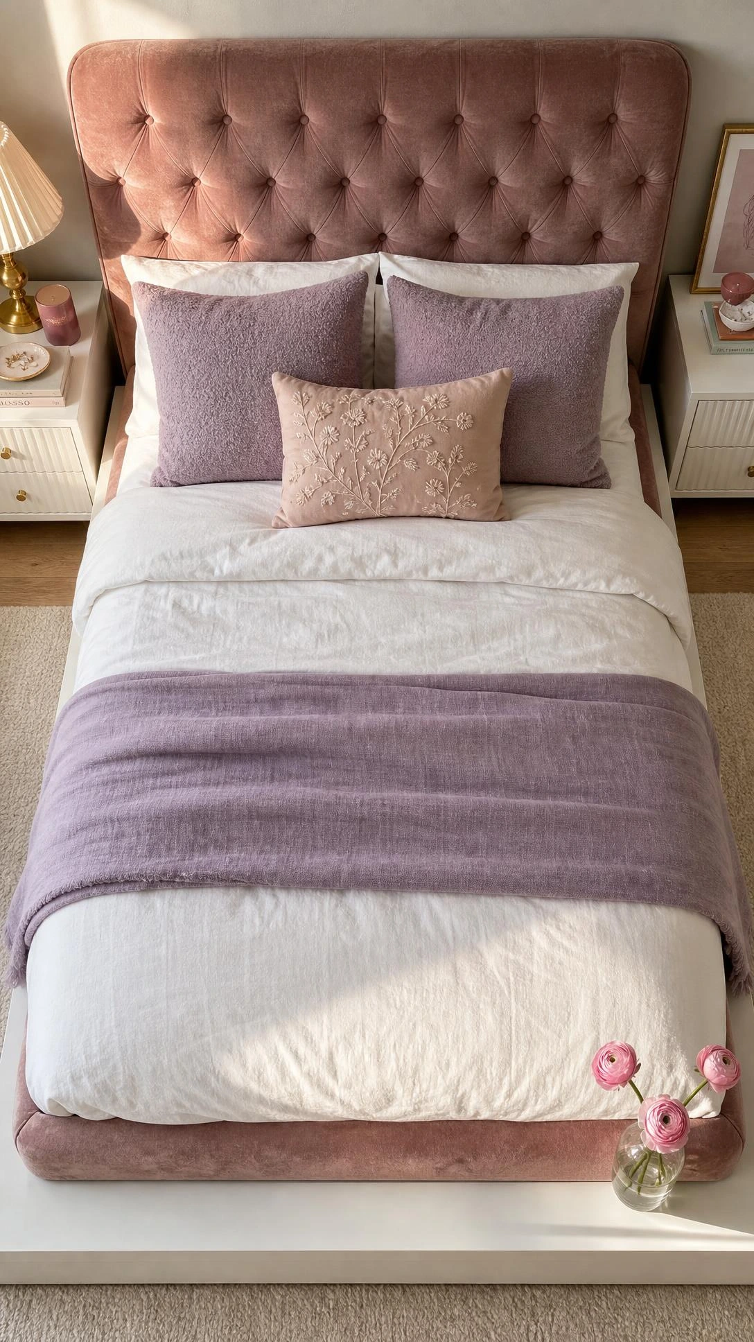 Overhead flat lay of a girls' room platform bed with dusty rose velvet upholstered headboard bathed in warm natural window light