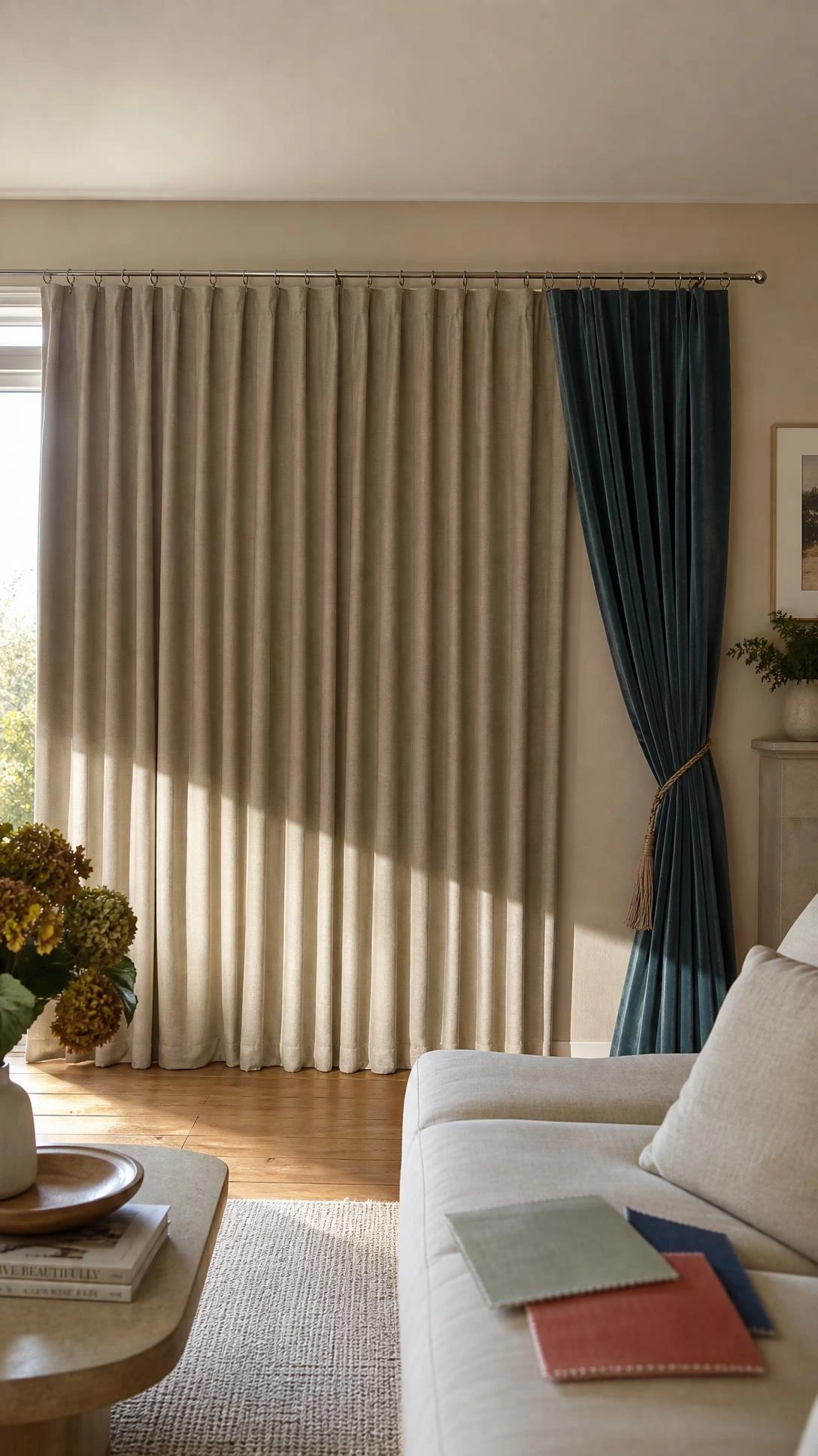 Flat greige linen curtains blend into beige walls and a cream sofa, showing how playing it too safe with curtain color drains life from a living room