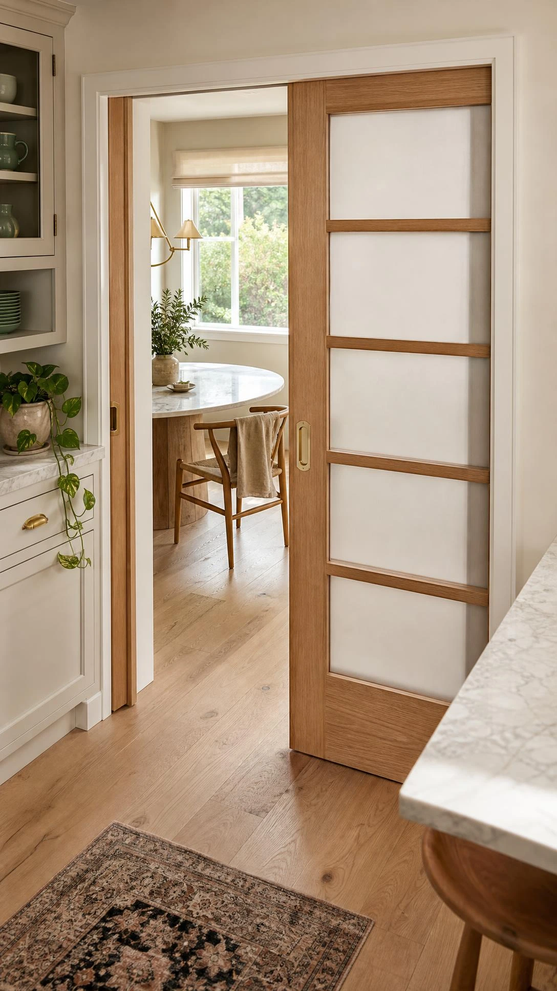 Light oak pocket doors with frosted glass panels slide open between a bright kitchen and dining room, showing how one design element controls the flow of both spaces