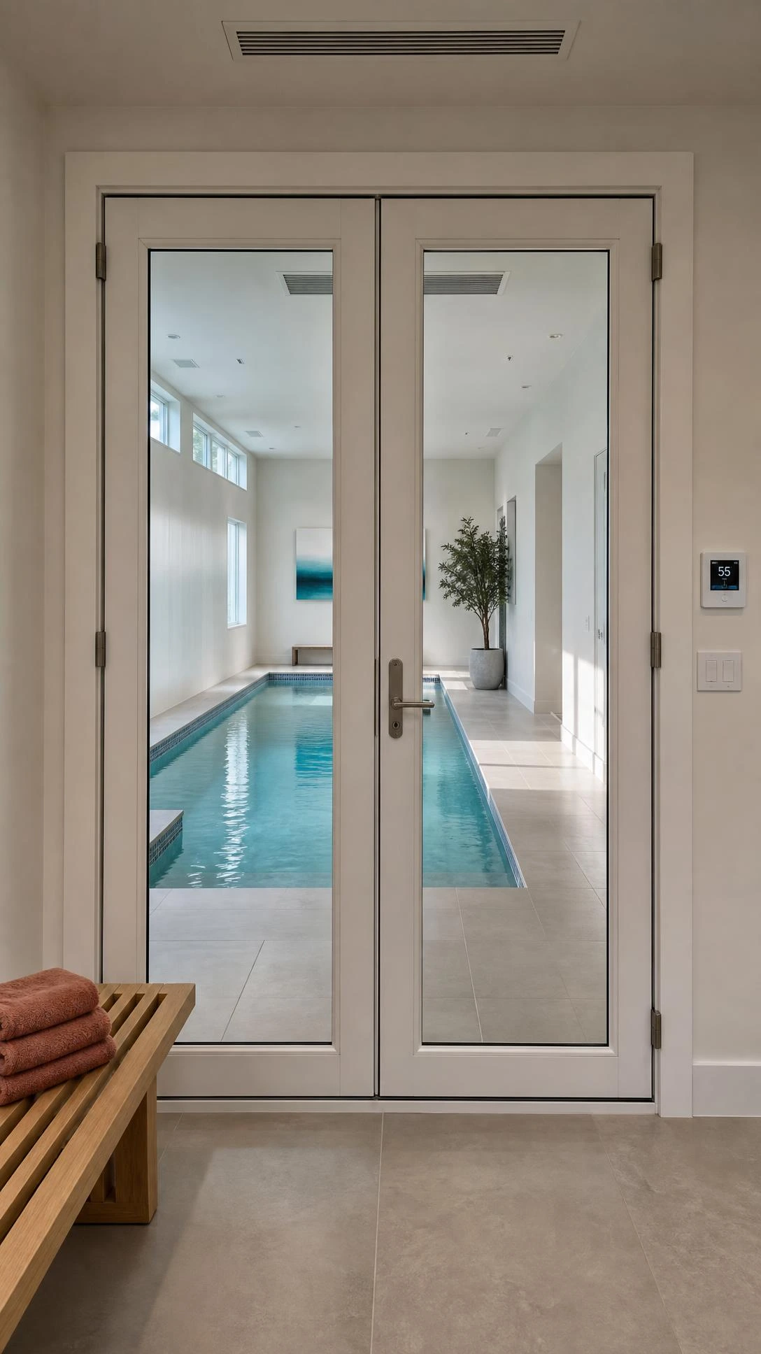 Luxury indoor swimming pool design with a sleek lap pool, insulated glass doors with full weatherstripping, and ceiling ventilation grilles.