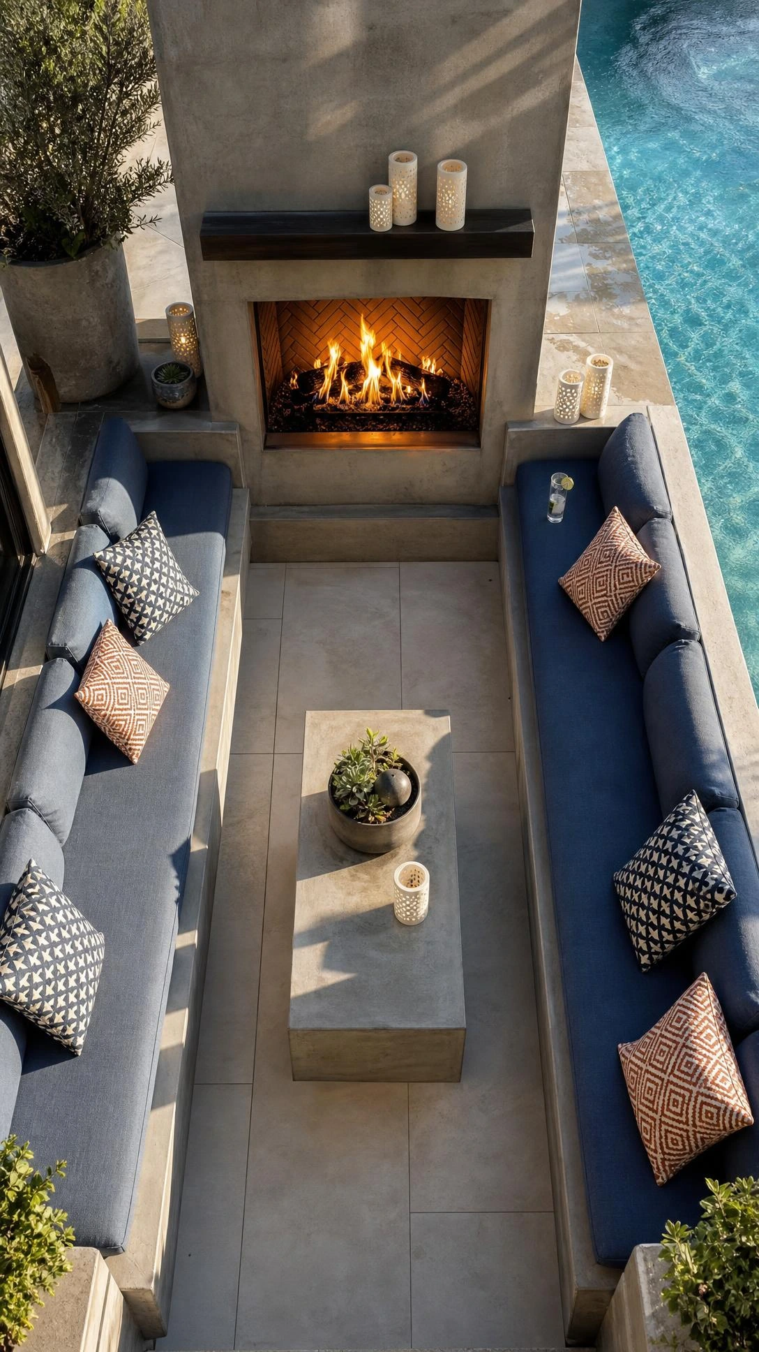 Overhead view of a poolside patio fireplace with built-in concrete bench seating, showing warm amber flames reflecting against cool blue pool water