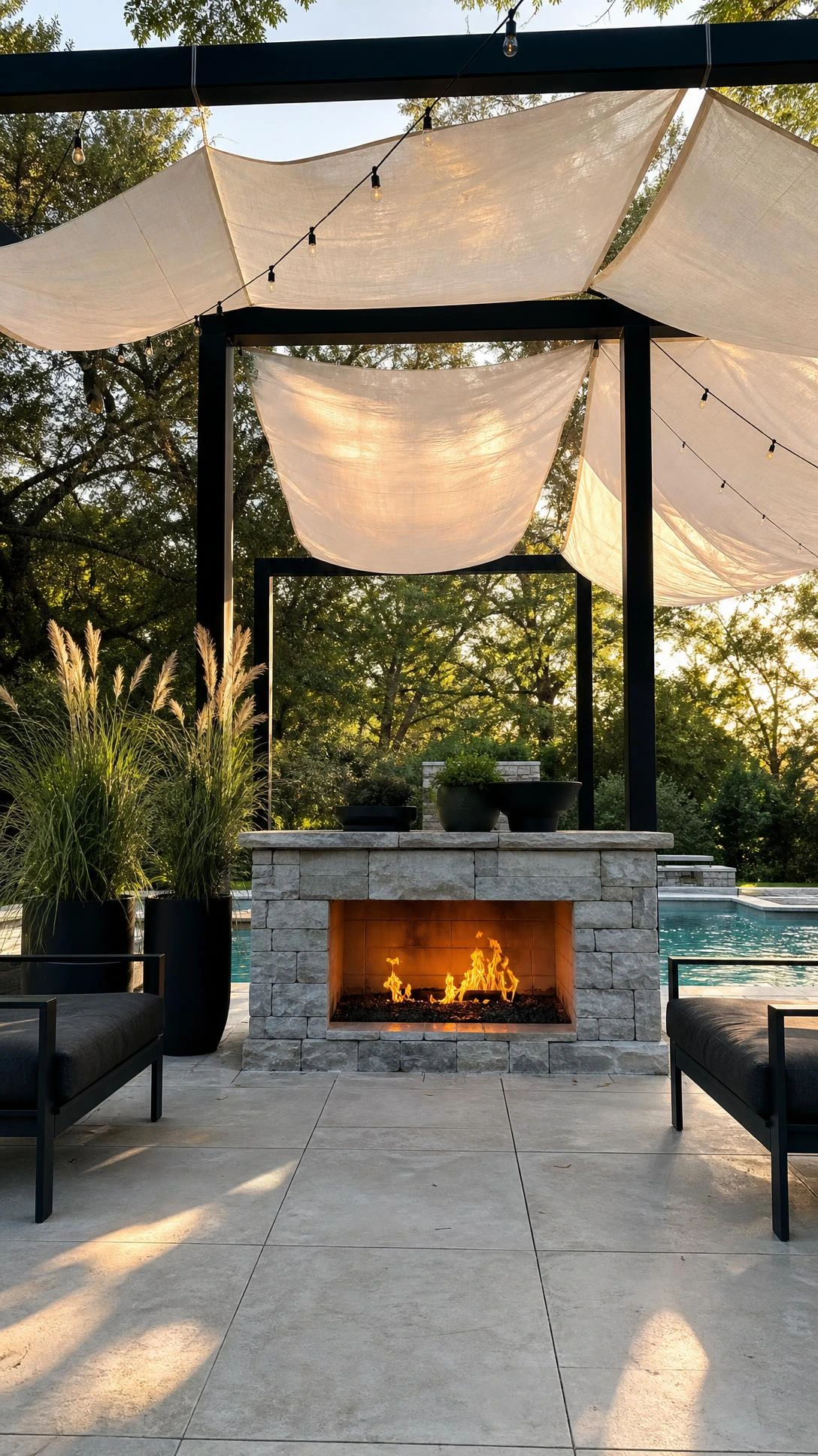 DIY poolside outdoor fireplace built from stacked light gray natural stone with a crackling wood fire, bathed in golden-hour light beside a backyard pool