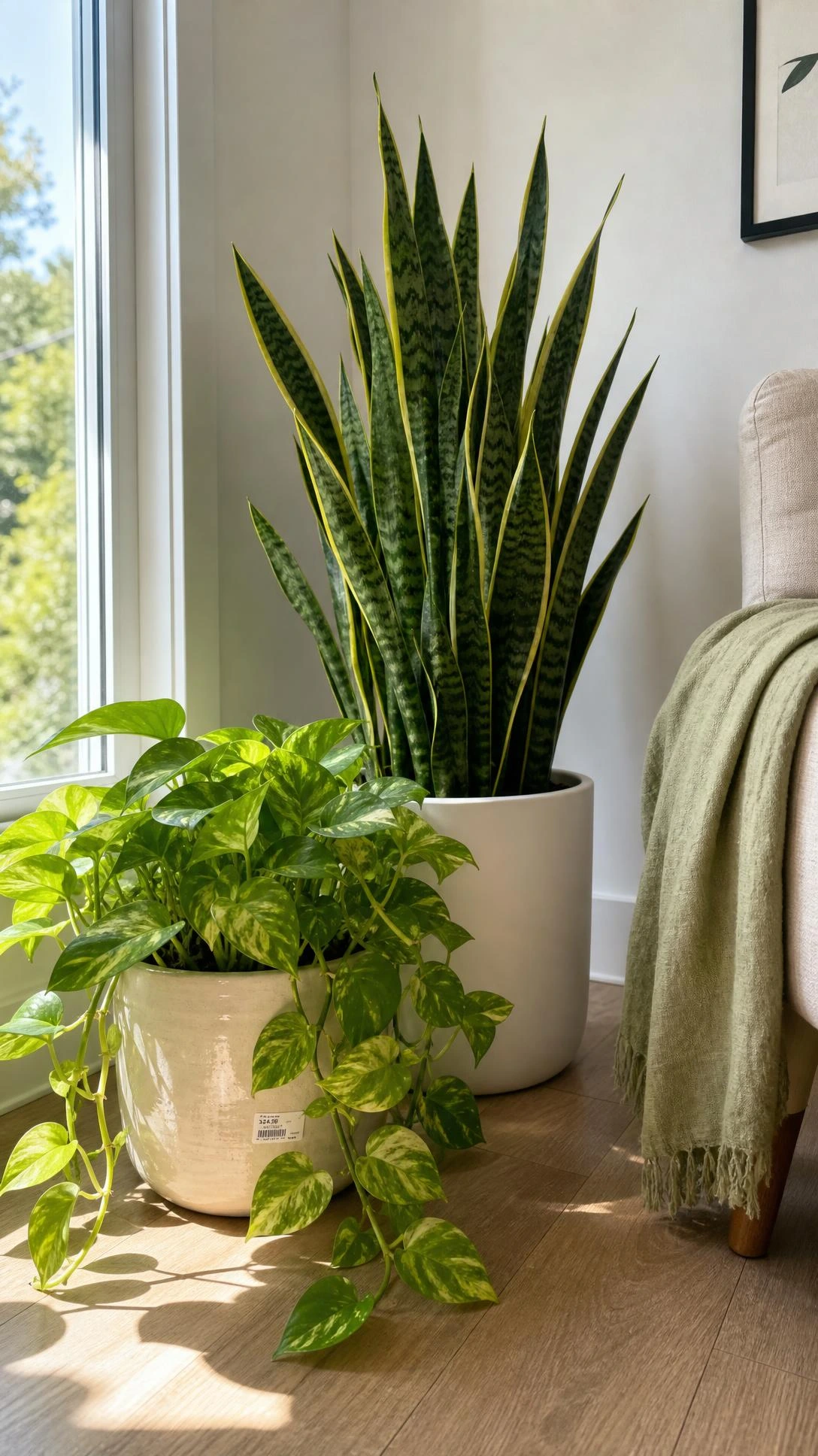 Trailing pothos and tall snake plant styled together in a bright home corner, showing how low budget home decor plants create an architectural, lived-in vignette