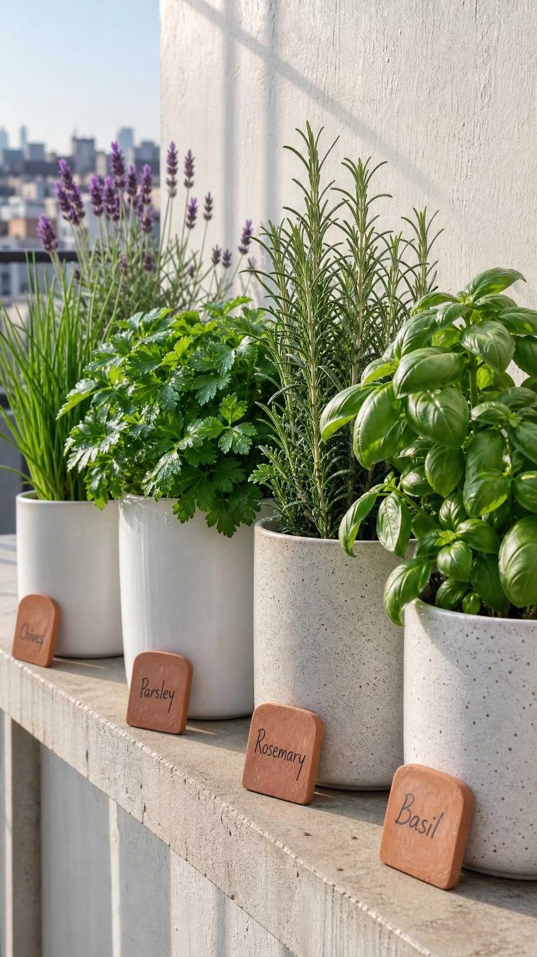 Ceramic pots of varying heights filled with lush basil, mint, and rosemary lined along a narrow rooftop terrace wall, maximizing vertical herb garden space