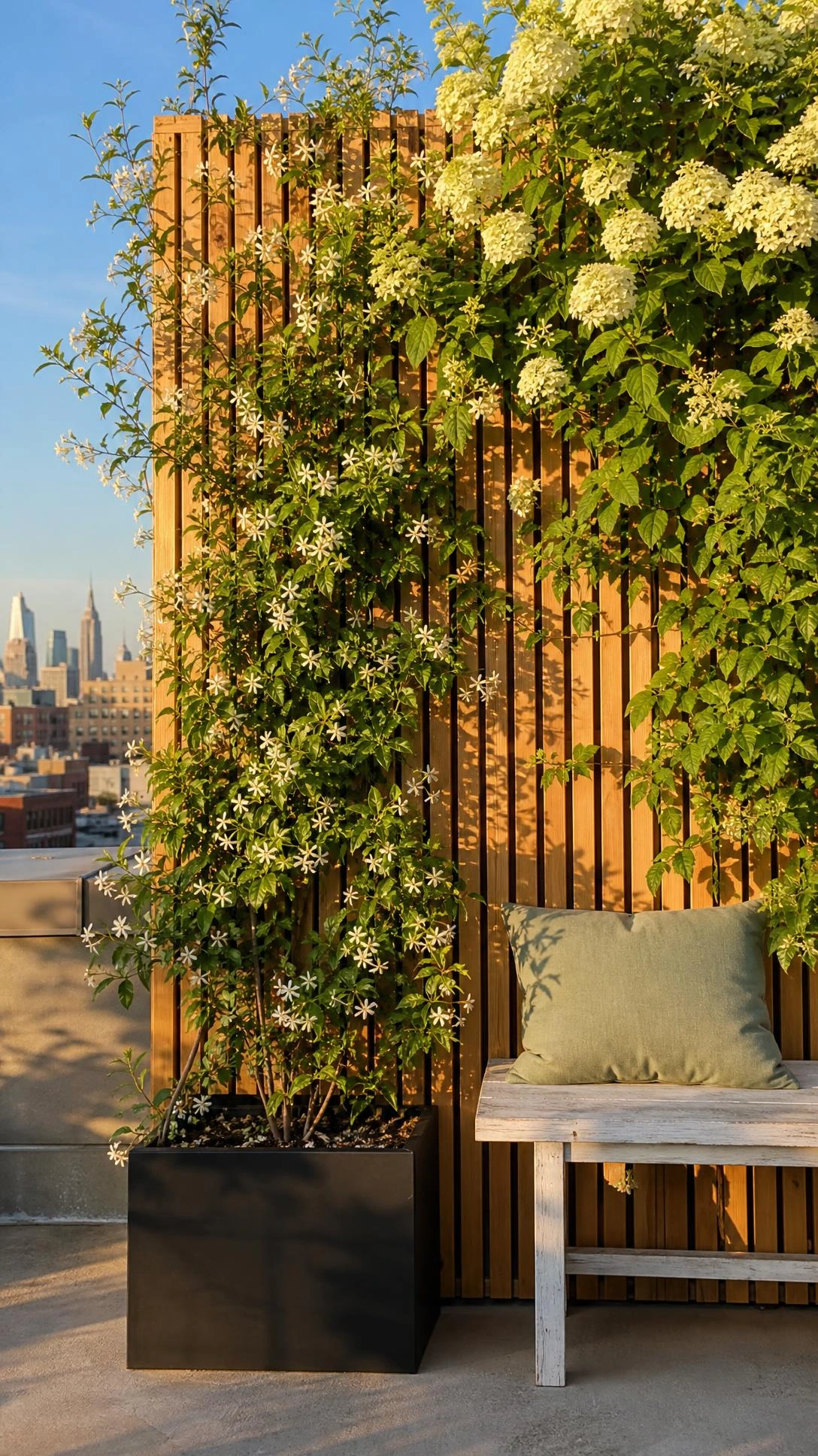 Tall cedar slat privacy screen covered in climbing jasmine vines with white star-shaped blooms on a small rooftop terrace, bathed in golden afternoon light