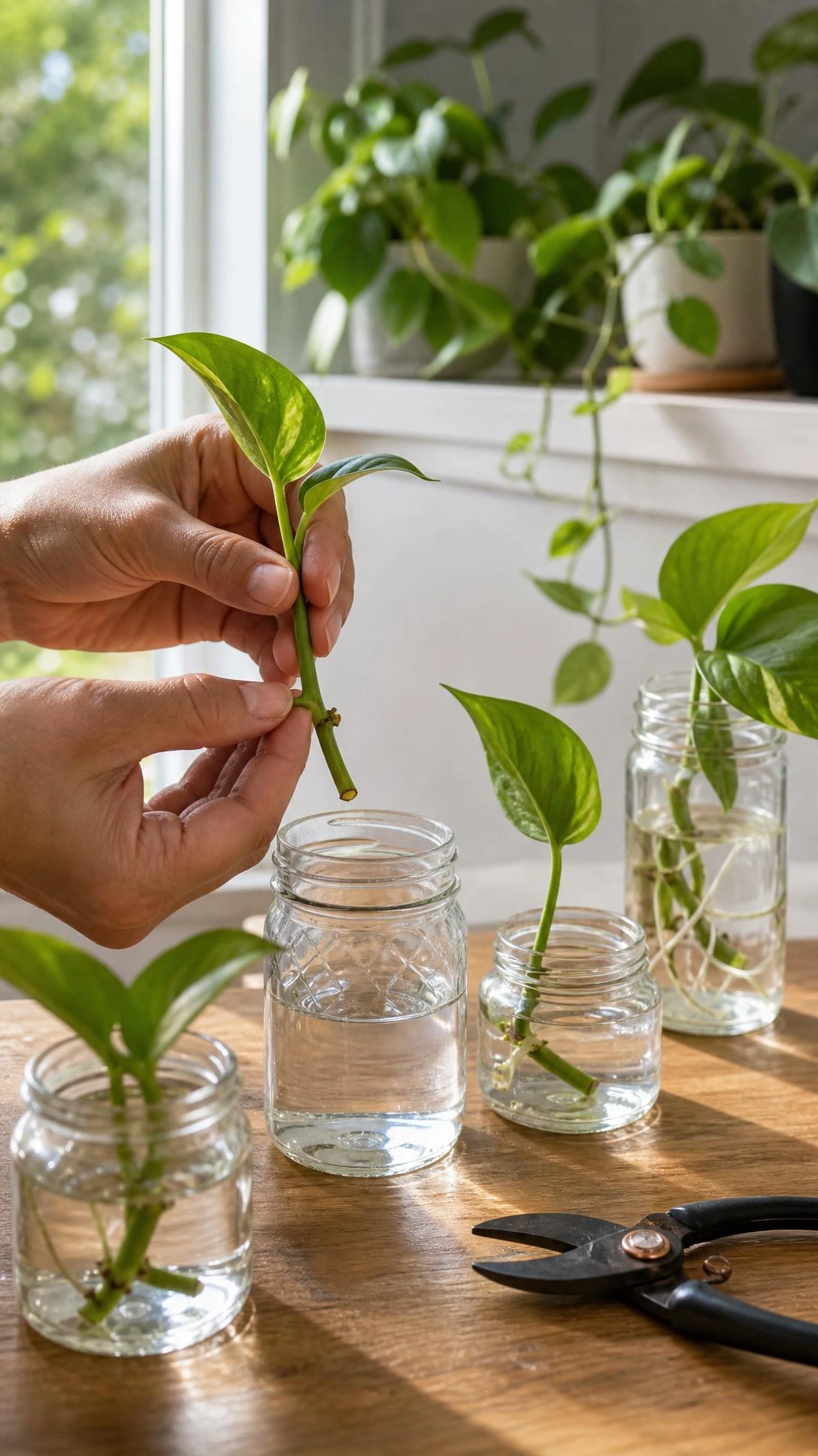 Hands holding a pothos stem cutting with a visible node above a water-filled glass jar, ready for propagation on a bright indoor surface
