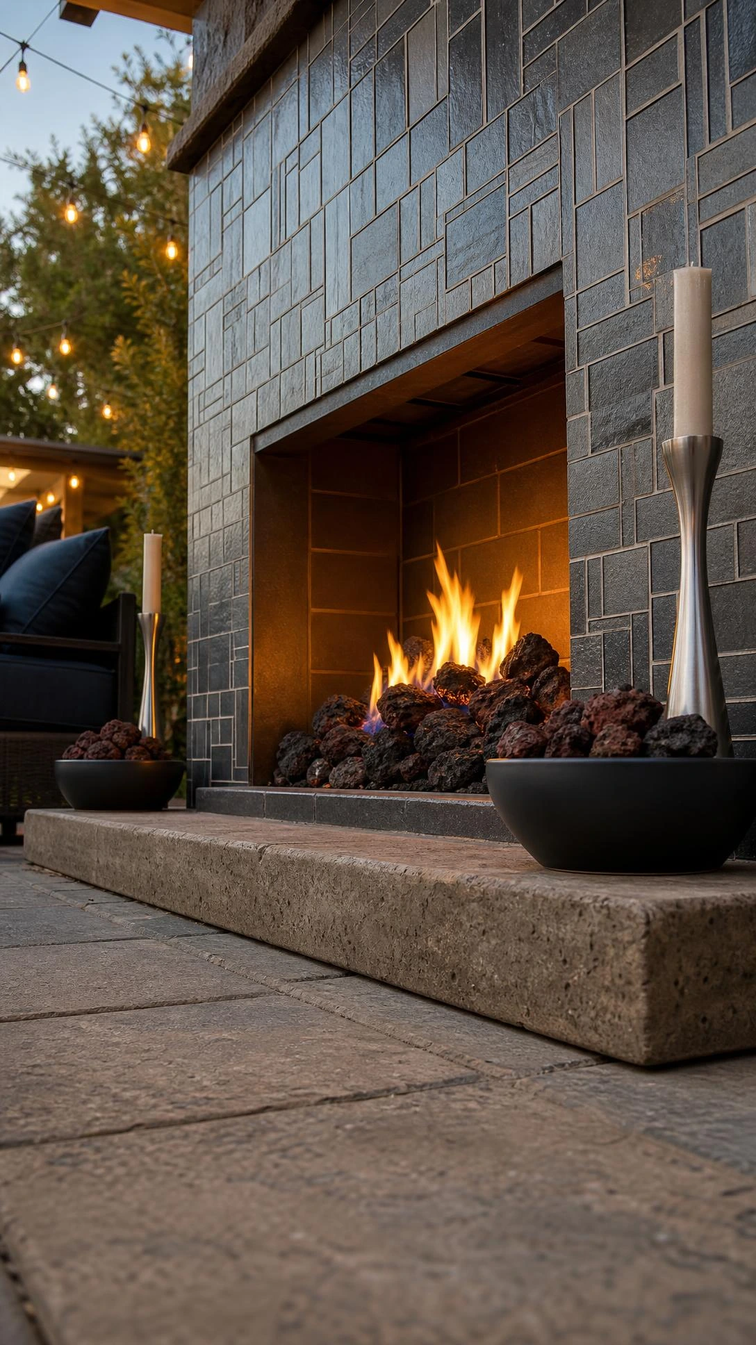 Low-angle view of a propane tiled fireplace with glossy slate-gray mosaic surround and glowing lava rocks, anchoring an outdoor living space at golden hour