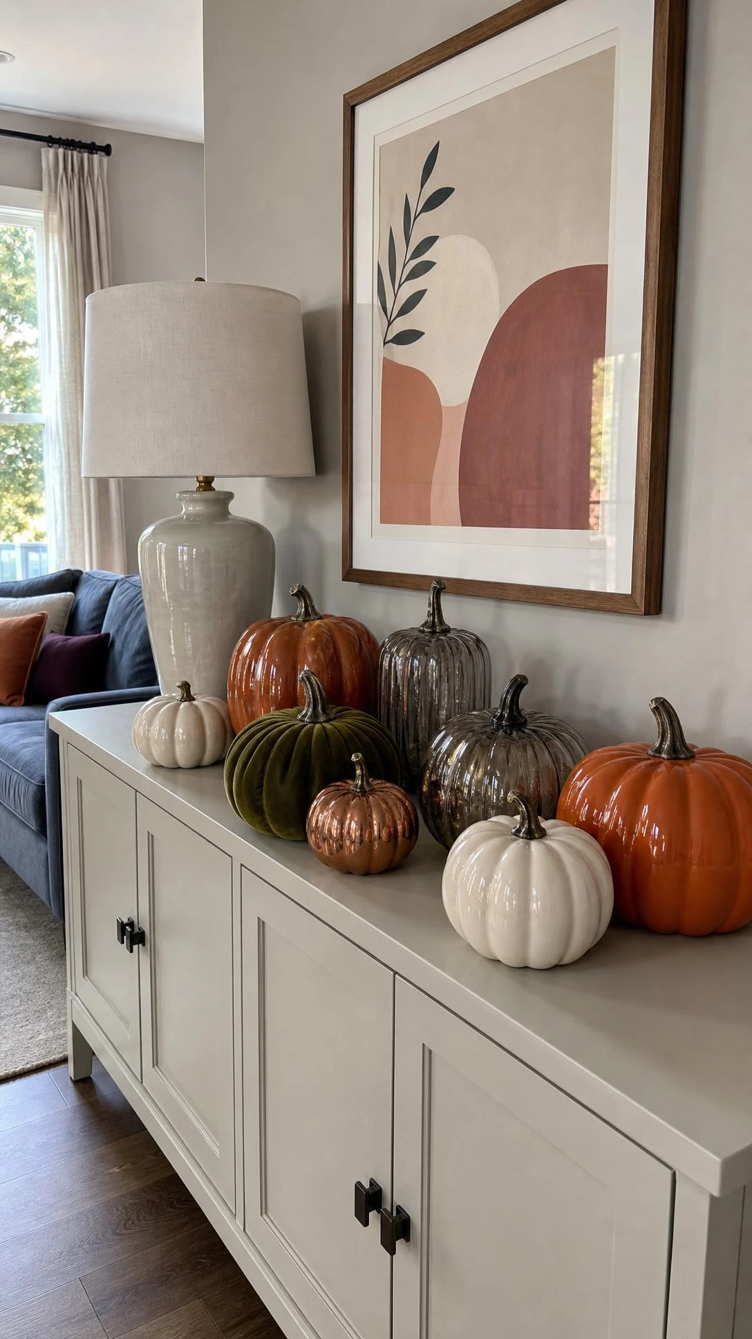 Pumpkin clusters in mixed finishes on a contemporary console table show how Halloween Home Decor can feel layered and modern.