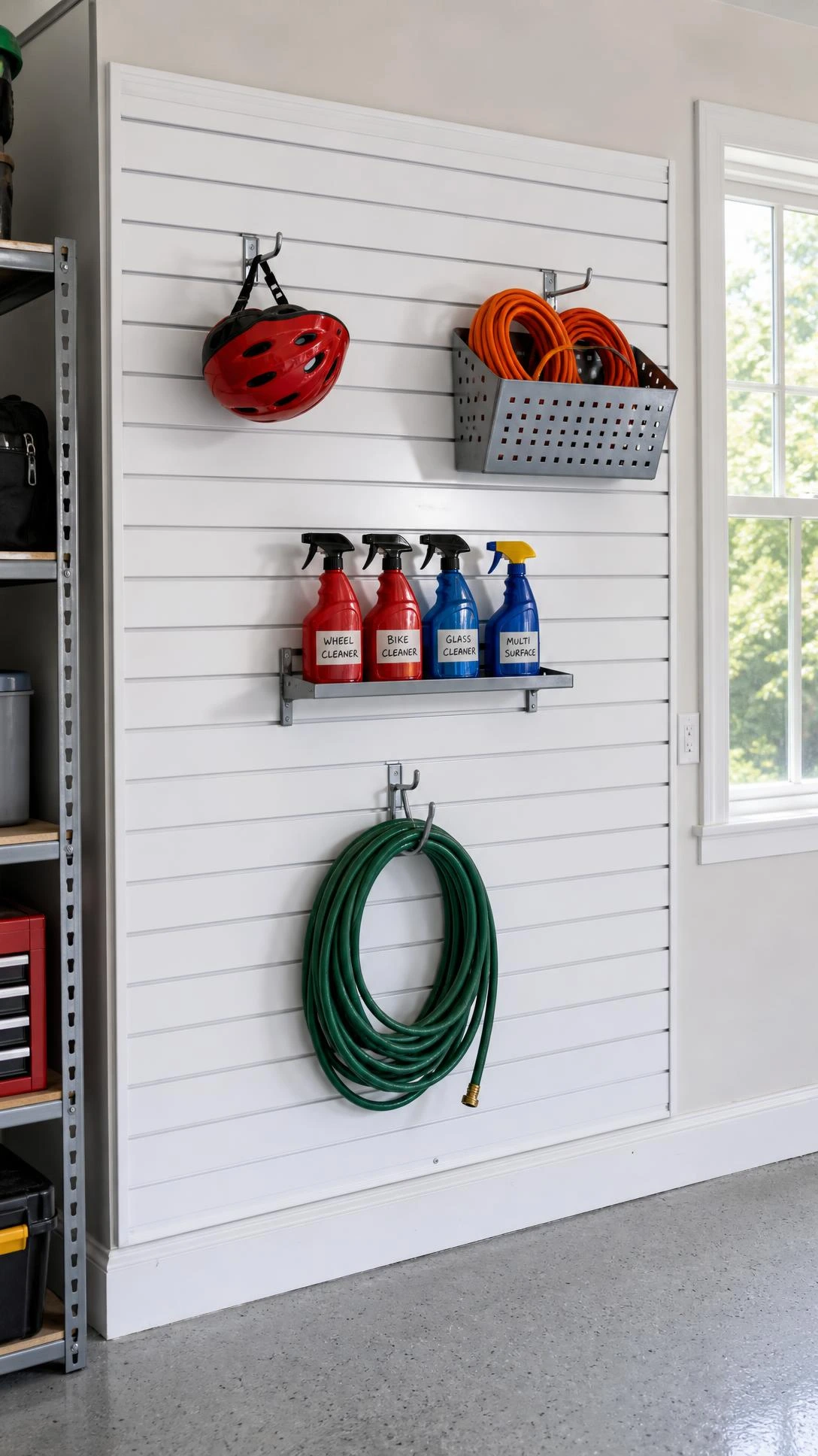 White PVC slatwall panels mounted floor to ceiling in a small garage, maximizing vertical storage space with organized horizontal grooves for hooks