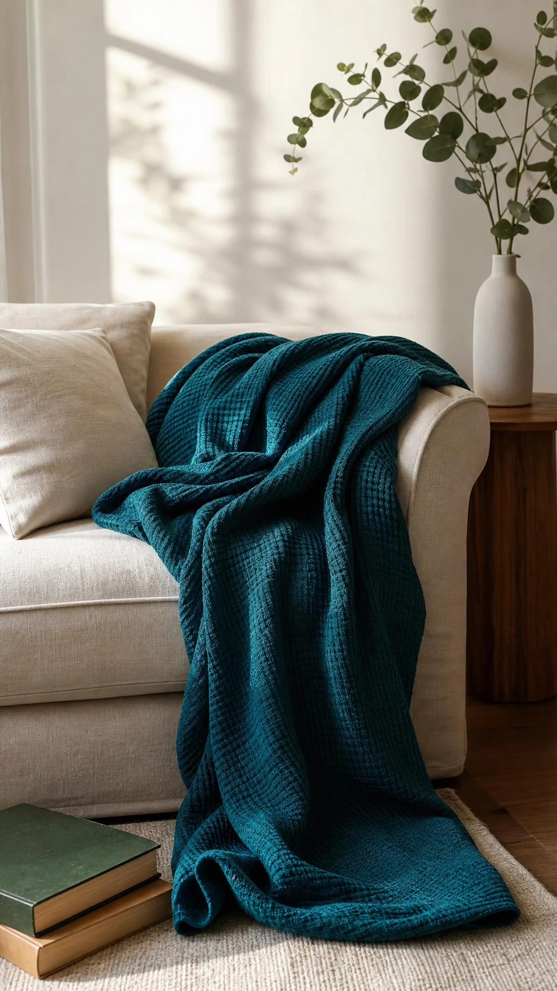 Deep teal waffle-weave throw blanket draped casually over a cream linen sofa, adding rich jewel-toned accent color to a budget-friendly living room corner