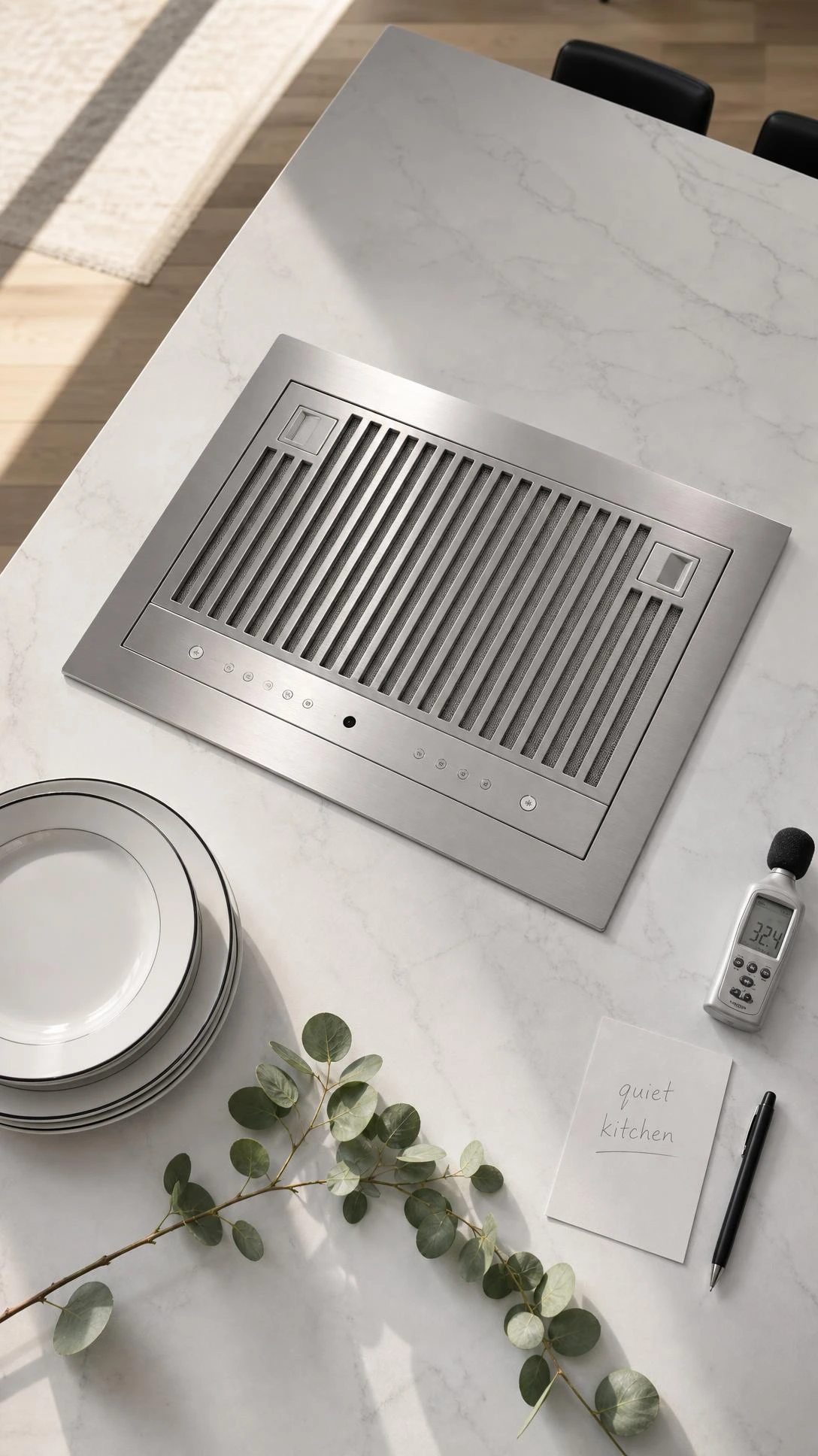 Brushed stainless steel ultra-quiet range hood insert laid flat on white quartz counter, showing clean linear grille vents and matte silver controls for open kitchen dining room planning