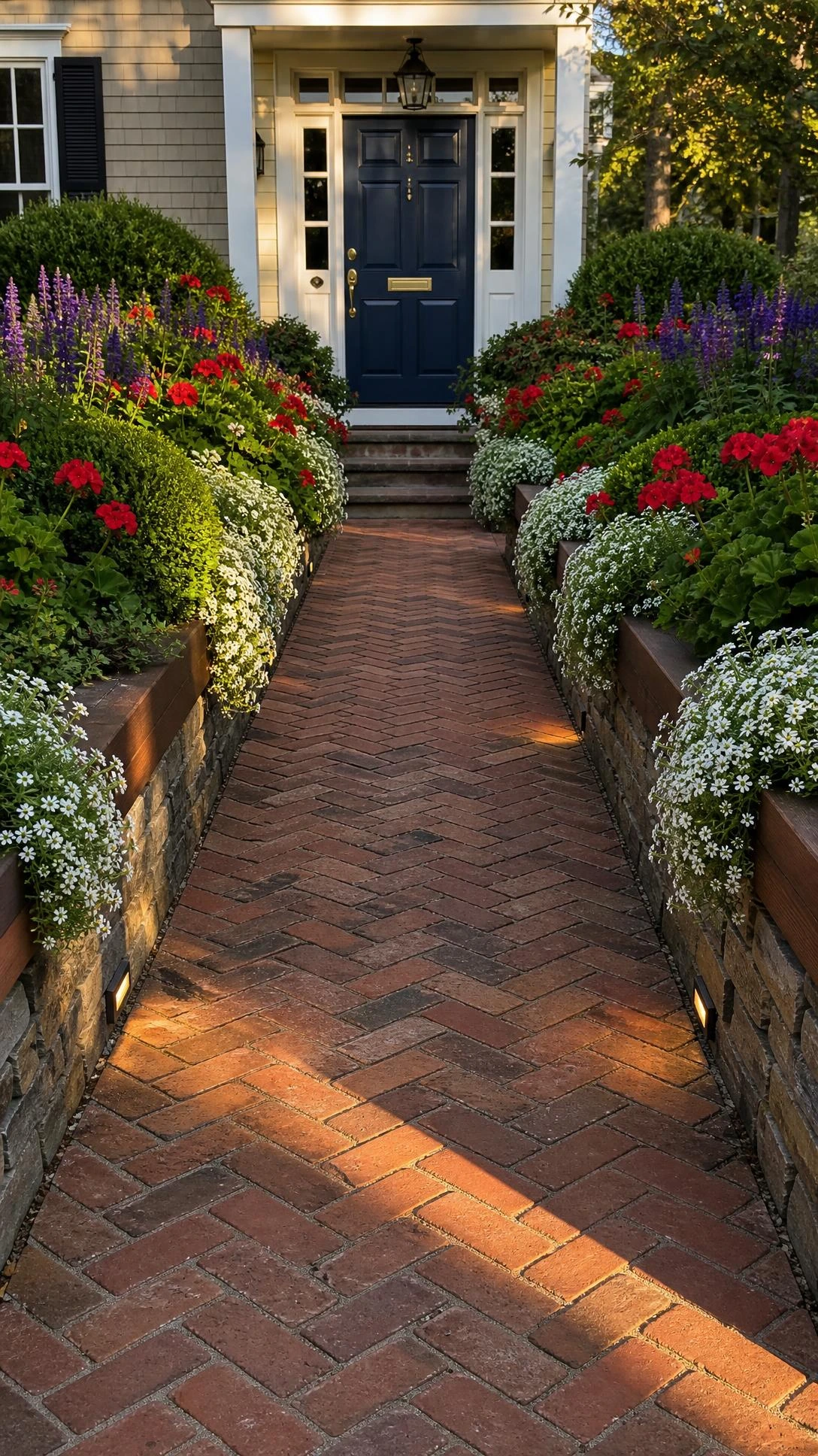 Raised stone and cedar planter beds flanking a straight brick front walkway, leading to a welcoming front door in warm afternoon light