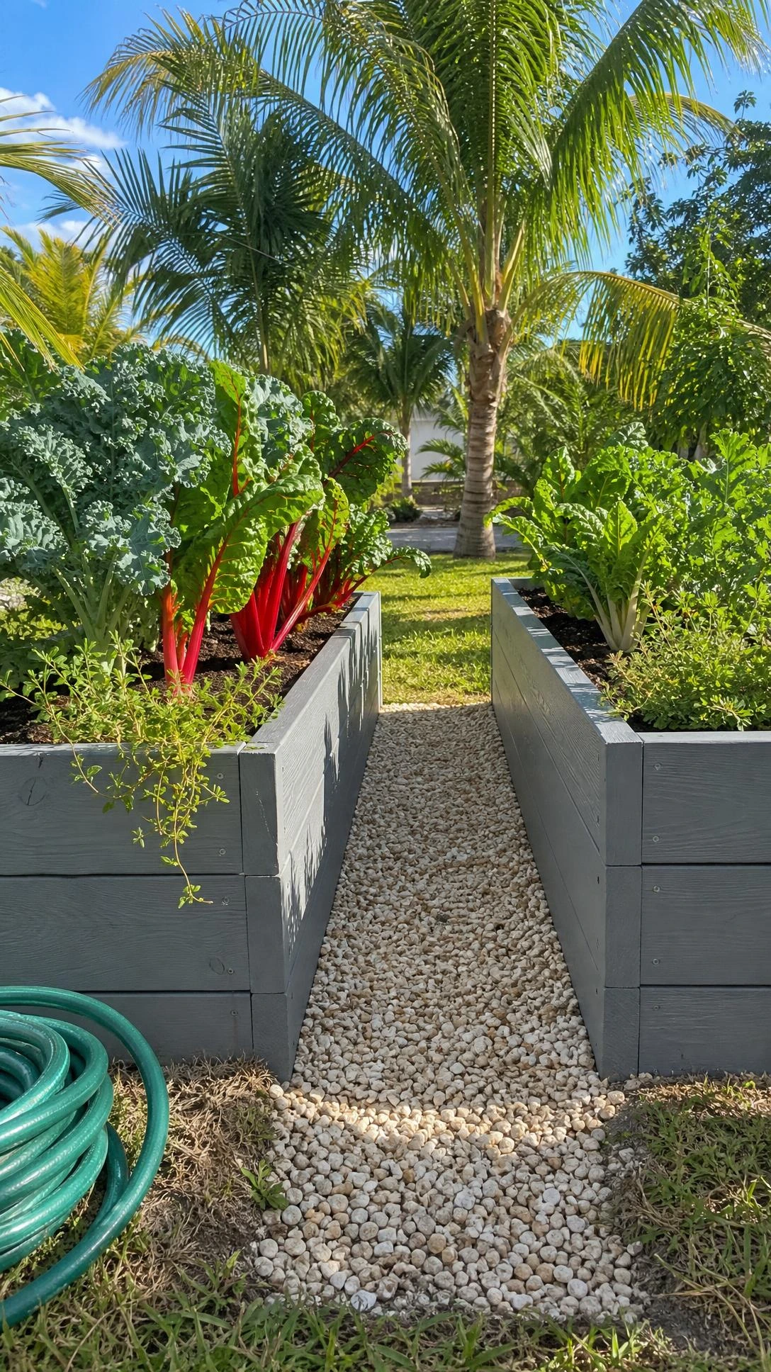 Two gray-painted raised garden beds filled with kale, Swiss chard, and herbs thriving in rich composted soil — a smart Florida landscaping fix for poor drainage