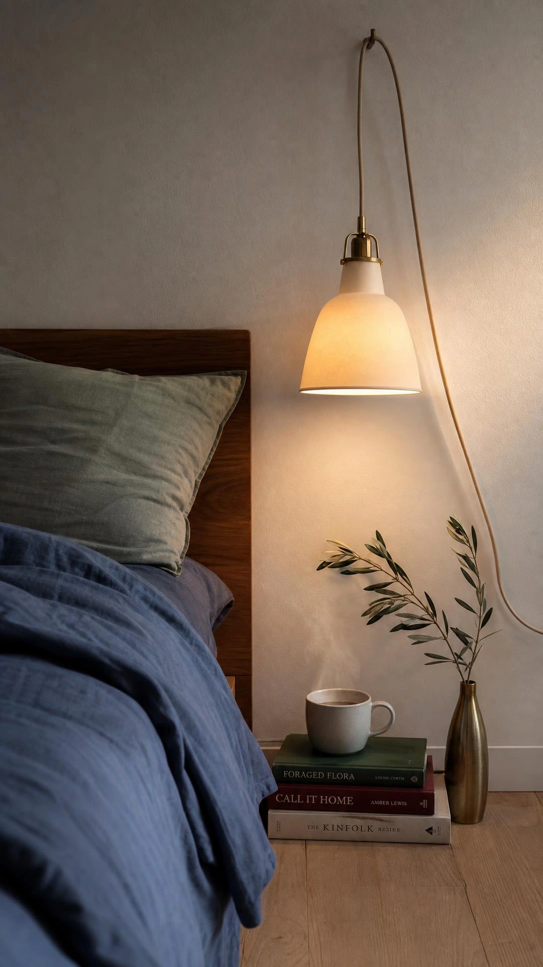 IKEA RANARP pendant light hanging from a ceiling hook at nightstand height beside a low platform bed, cord draped along white wall in a warm amber glow