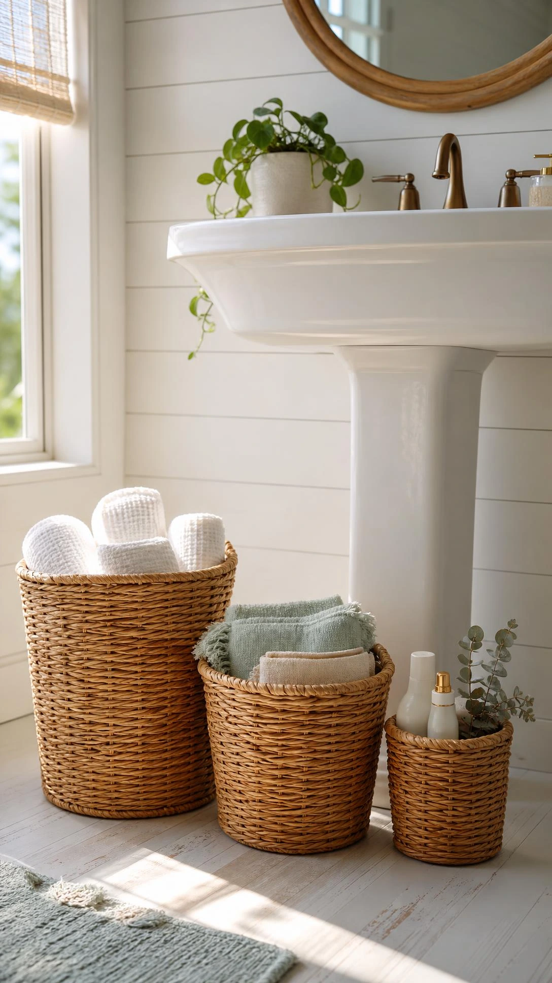 Three graduated rattan storage baskets in golden-tan woven texture arranged under a pedestal sink in a sun-lit coastal bathroom with whitewashed floors