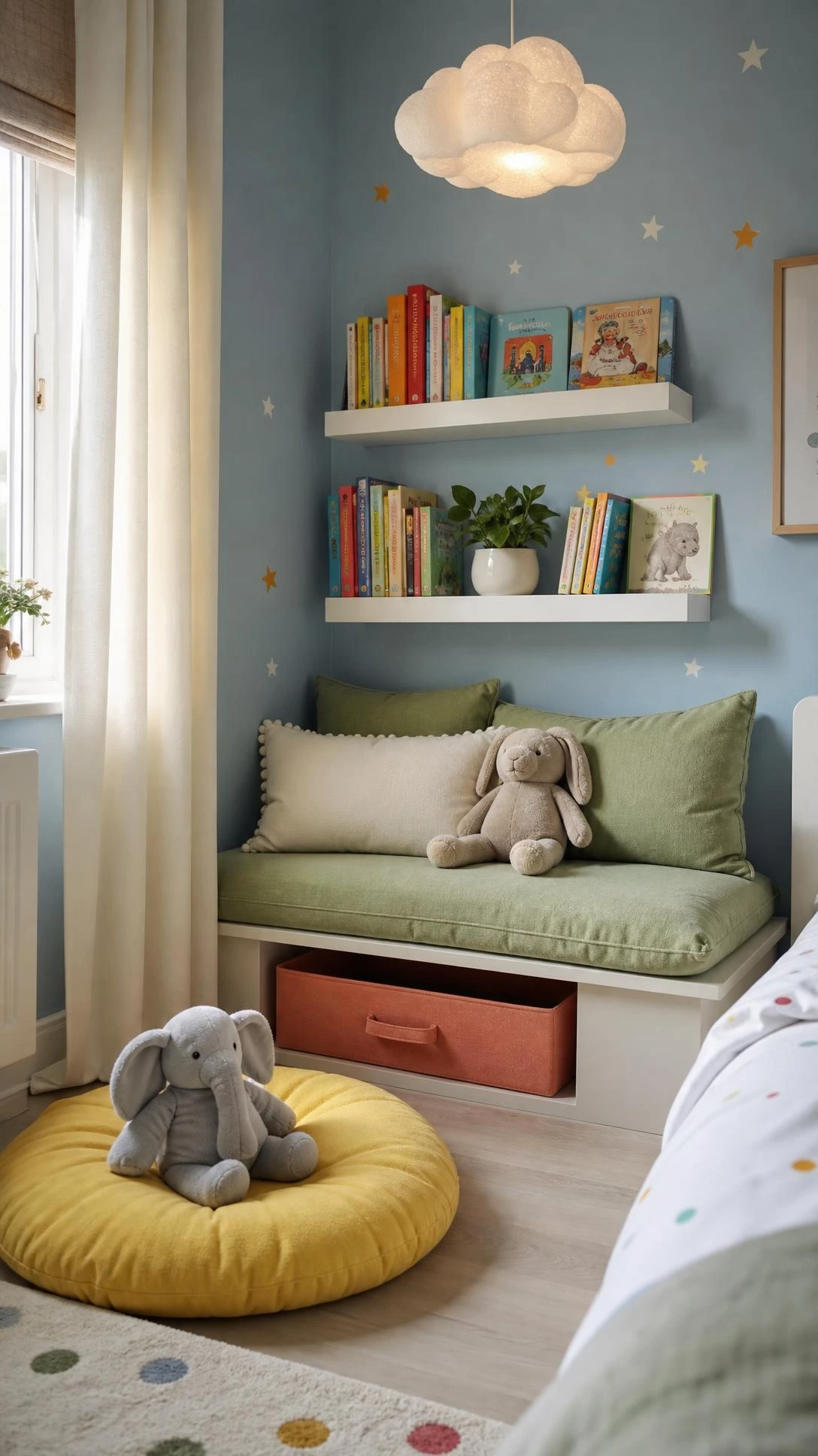Toddler reading nook built into bedroom corner with sage green cushioned bench seat and fabric storage bin in soft natural light