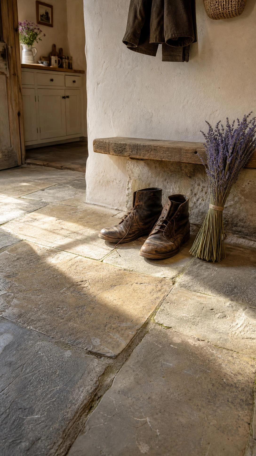 Wide uneven flagstone floor tiles in cool grey and warm buff tones with moss-edged grout lines anchor a cozy English countryside-style entryway with old world character