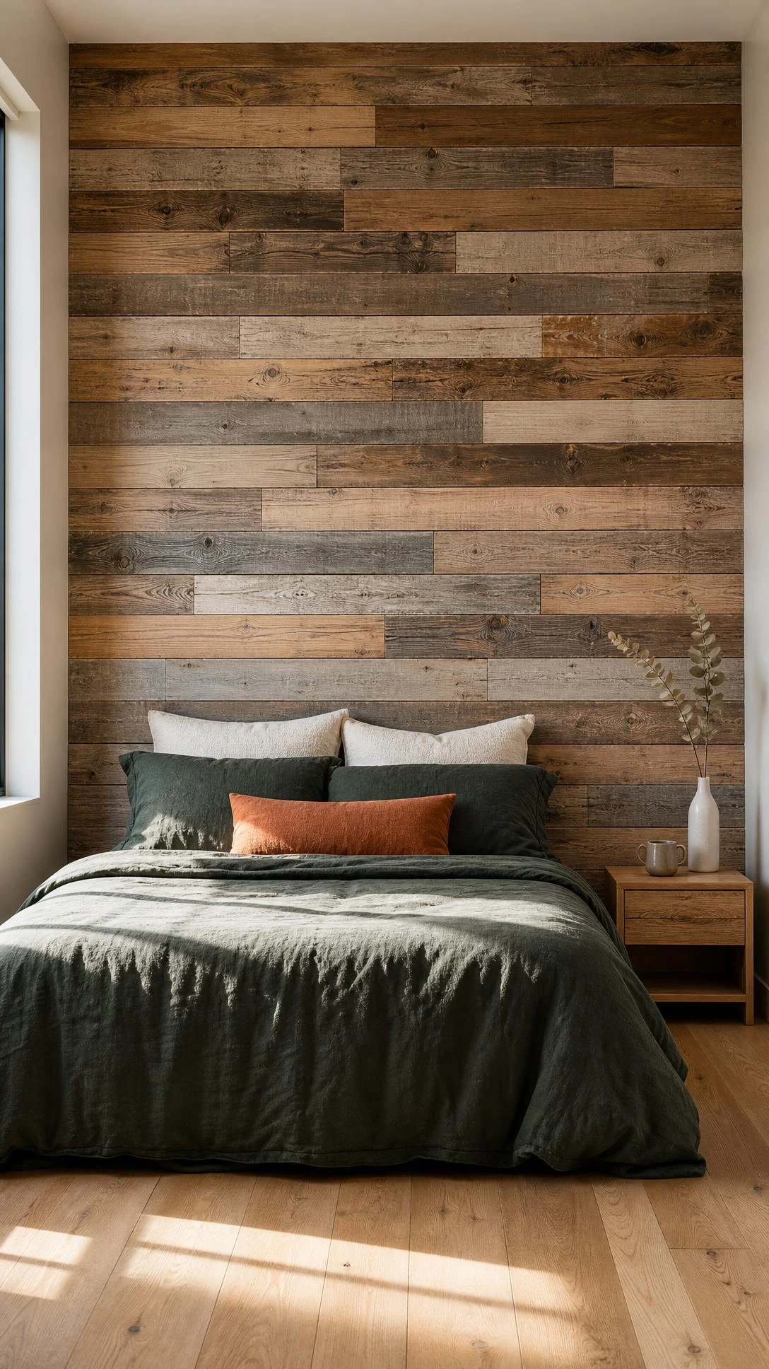 Floor-to-ceiling reclaimed wood feature wall with horizontal timber planks in mixed tones of ash, honey oak, and driftwood behind a bedroom headboard