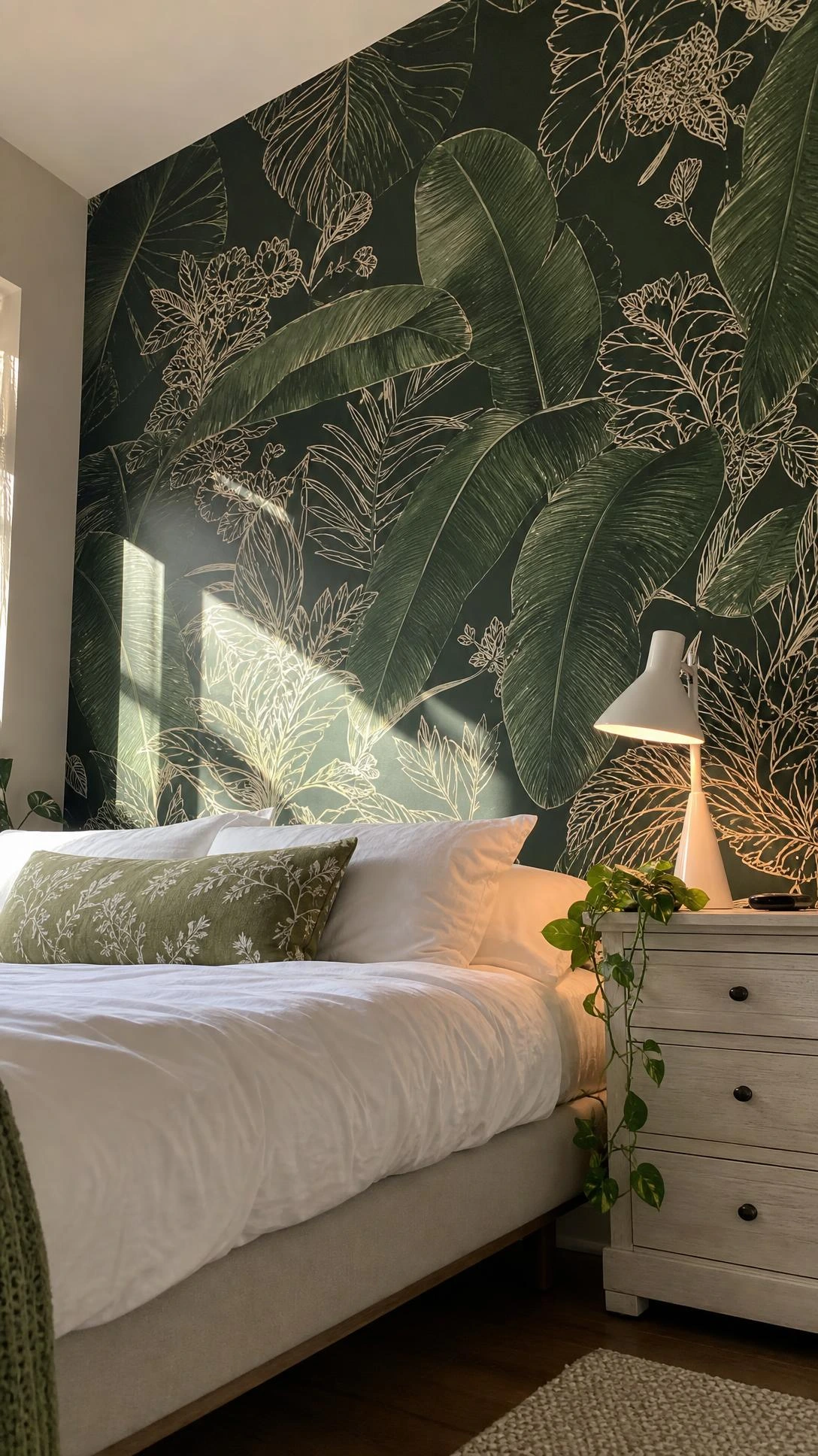 Removable peel-and-stick wallpaper with oversized tropical leaves and cream botanical line art on deep forest green covering a full bedroom accent wall