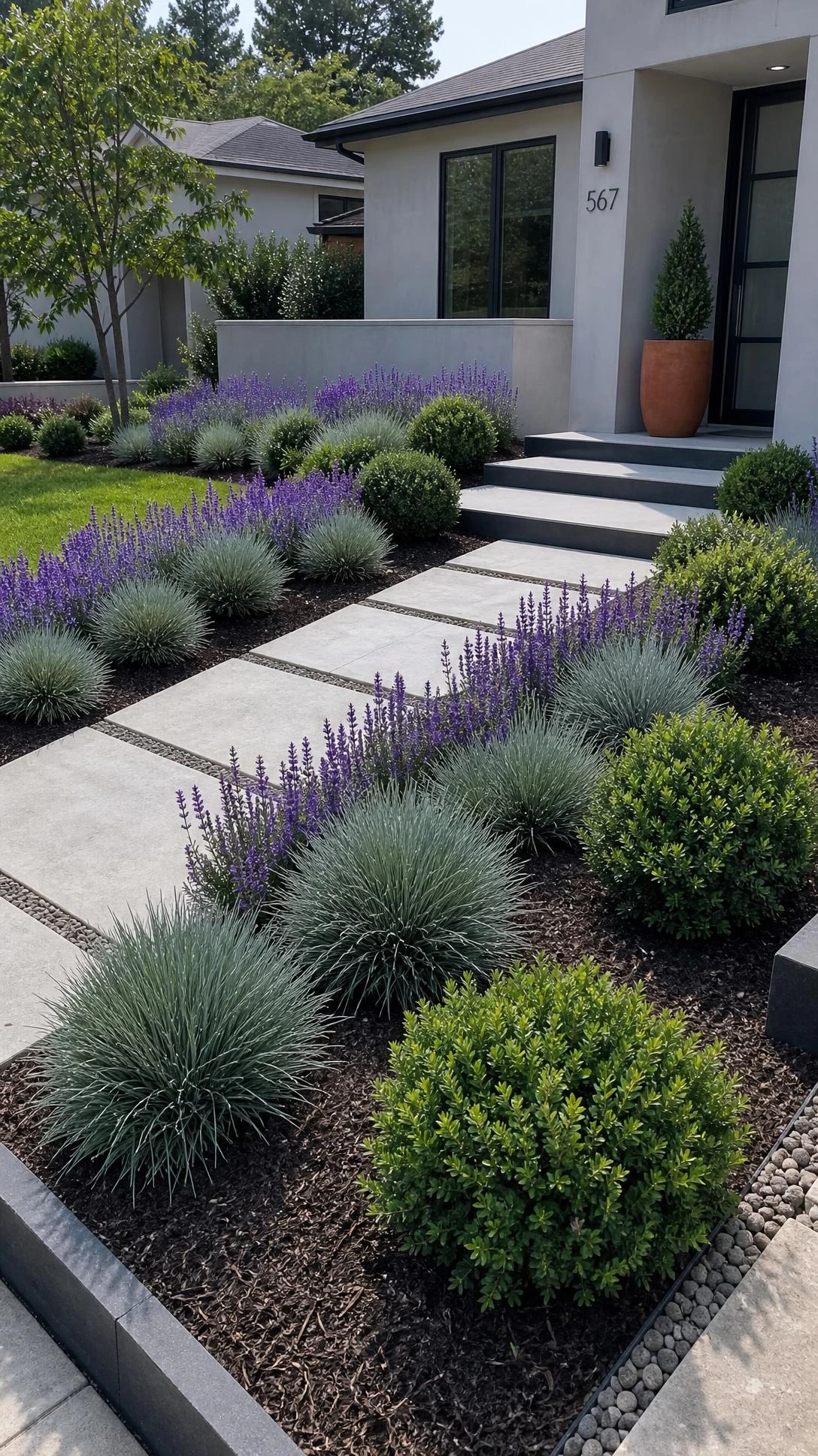 Modern landscape design in a suburban front yard uses repeated grasses, purple salvia, and evergreen shrubs to unify the walkway and foundation bed.