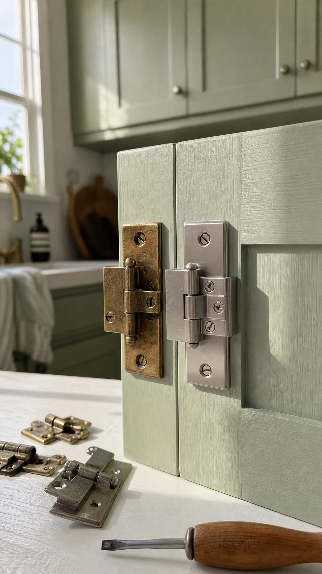 Side-by-side cabinet hinge comparison on sage green door showing aged brass versus new brushed nickel finish during cabinet makeover