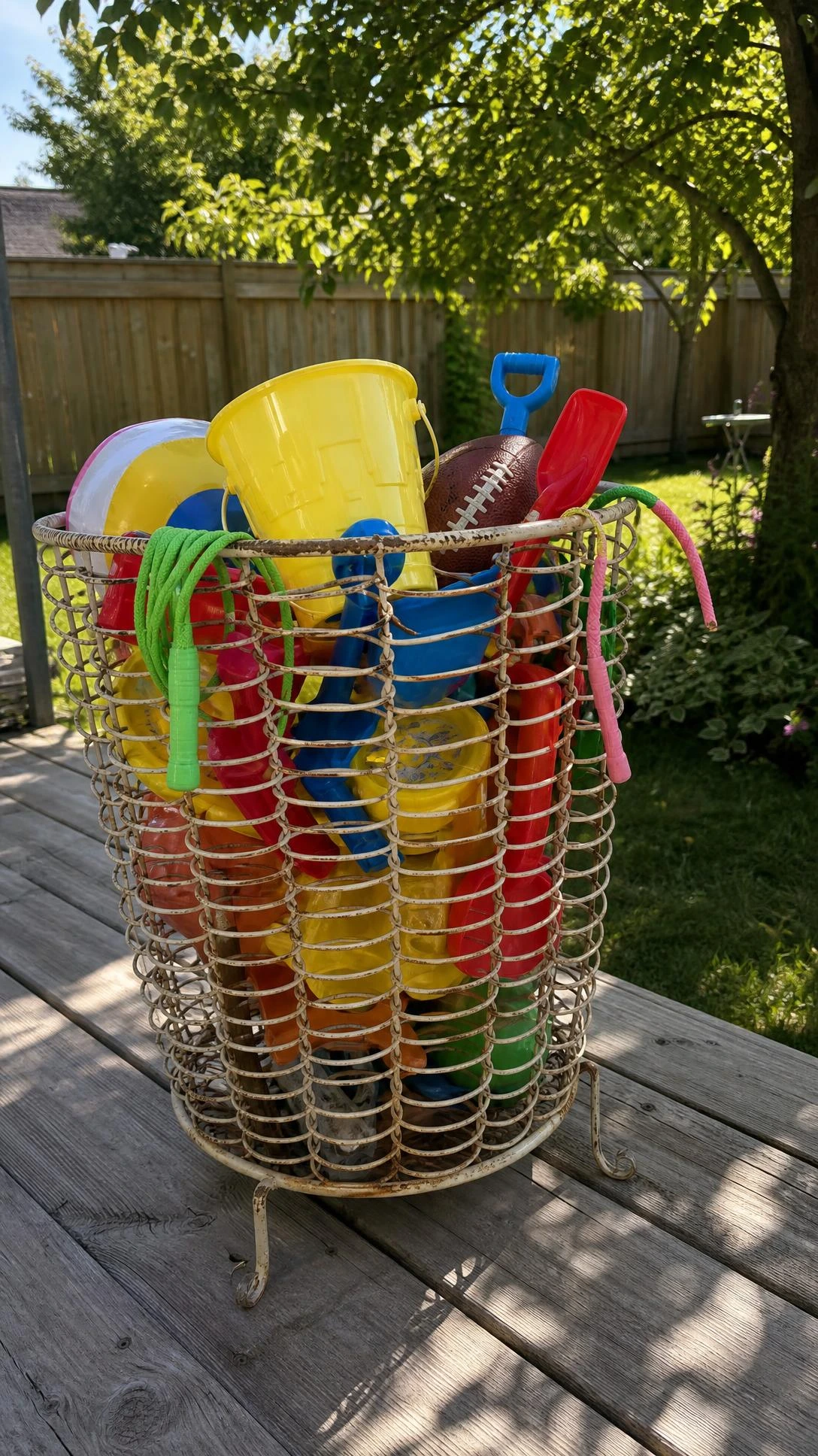 Vintage wire spring hamper repurposed as outdoor toy storage on a grey deck, overflowing with colorful kids' toys in a sunny backyard