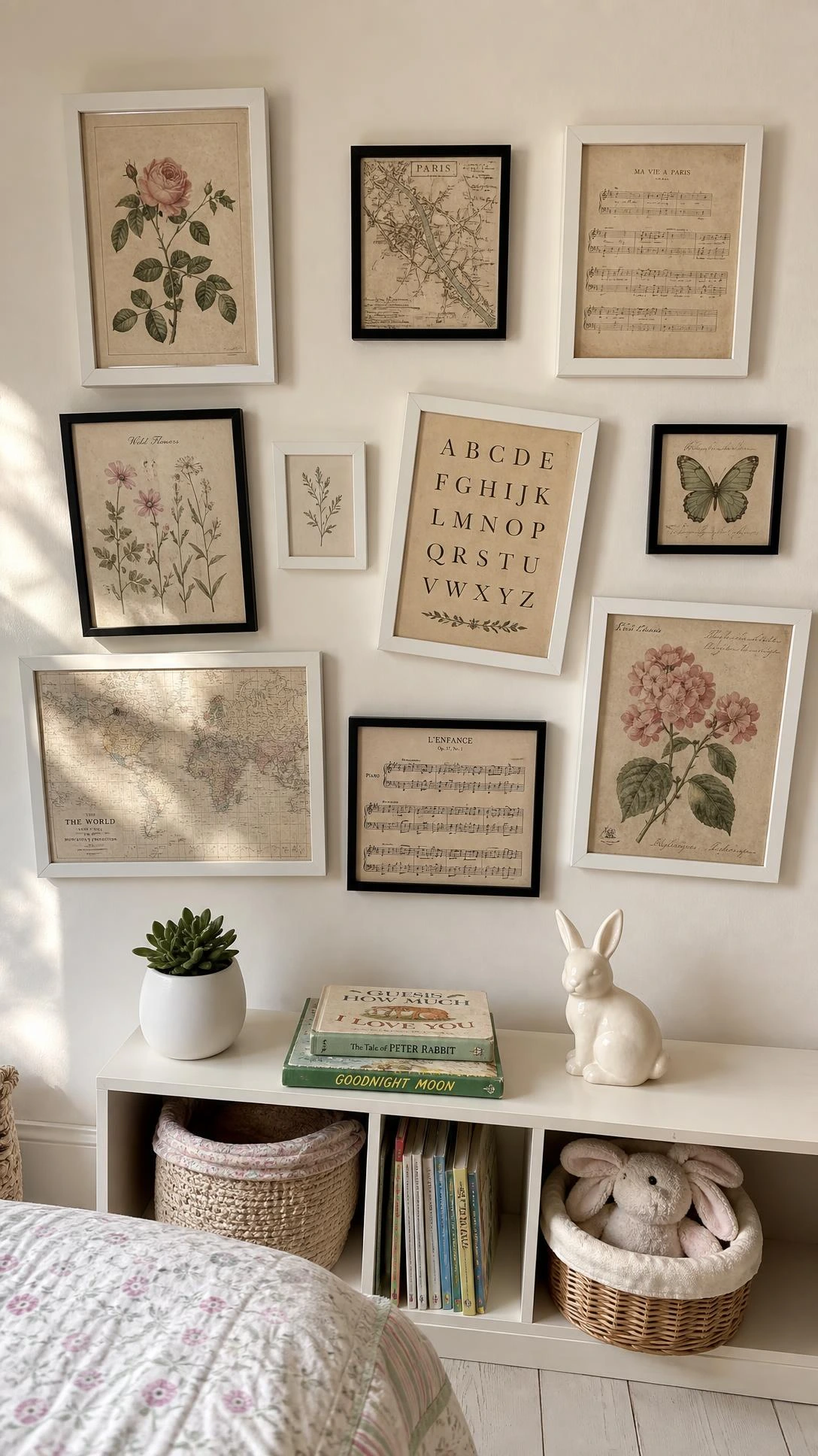 Gallery wall of framed vintage botanical printables in mixed white wood and black metal frames arranged as budget kids room artwork on a soft white wall