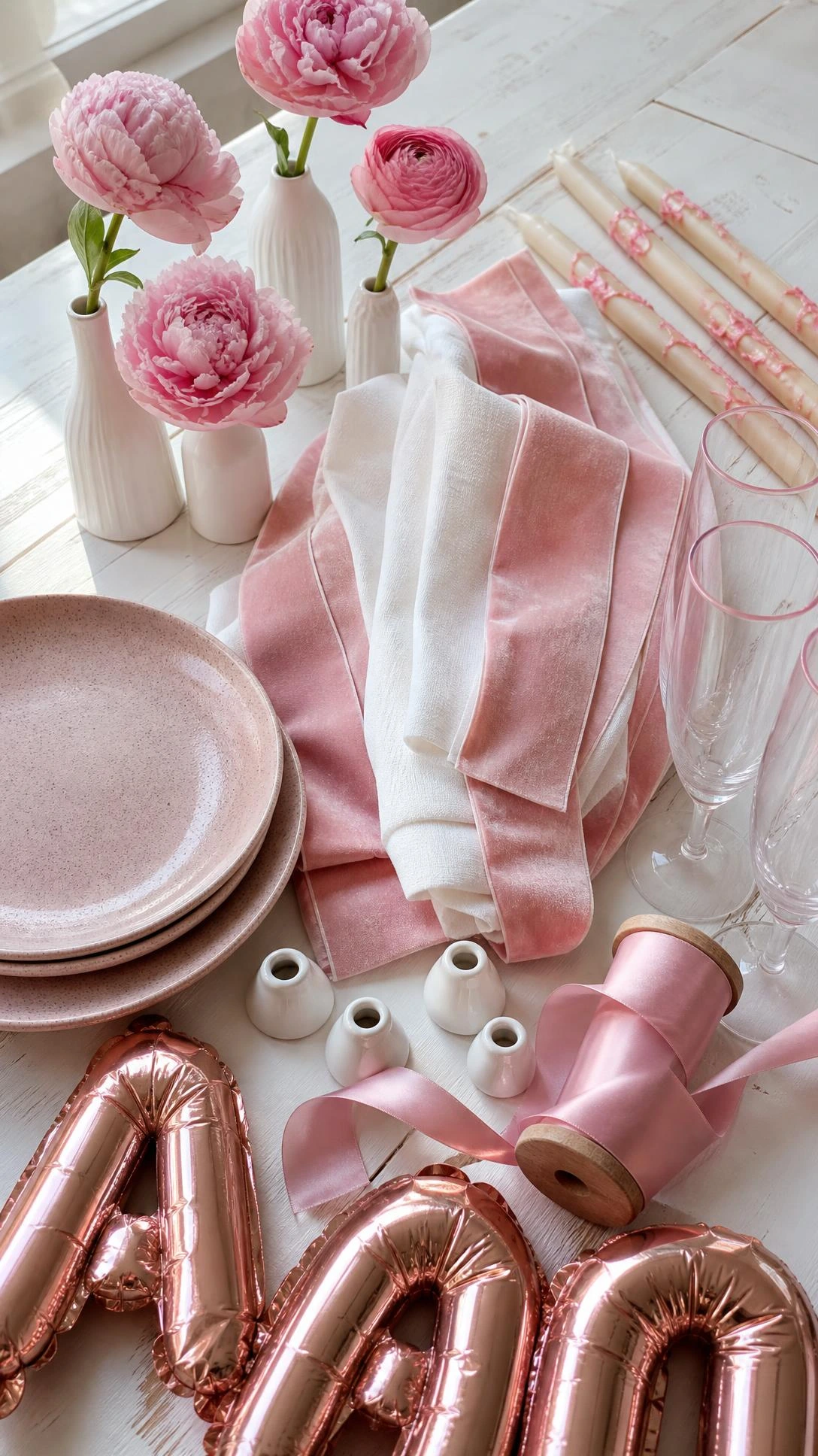Flat lay of reusable pink birthday decor including blush velvet ribbon streamers and white linen table runner on painted wood
