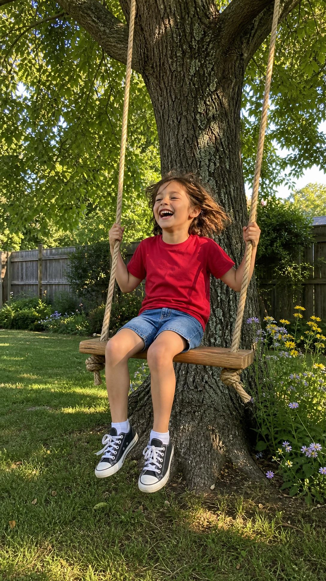 Classic rope swing with thick manila rope and wooden plank seat hanging from a sturdy mature oak tree in a sun-drenched backyard