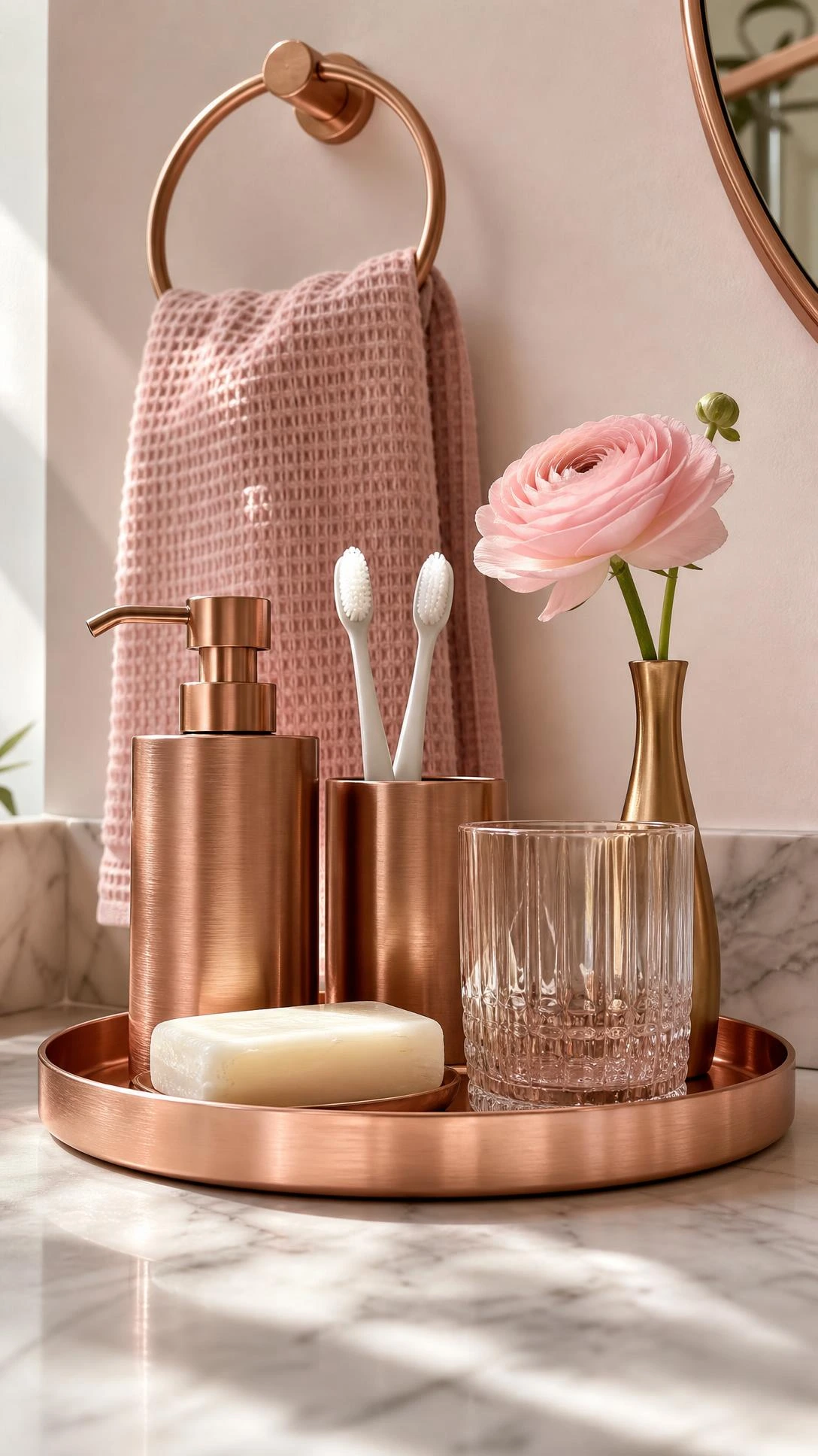 Brushed rose gold soap dispenser, toothbrush holder, and matching accessories styled on a marble bathroom counter in a pink bathroom aesthetic