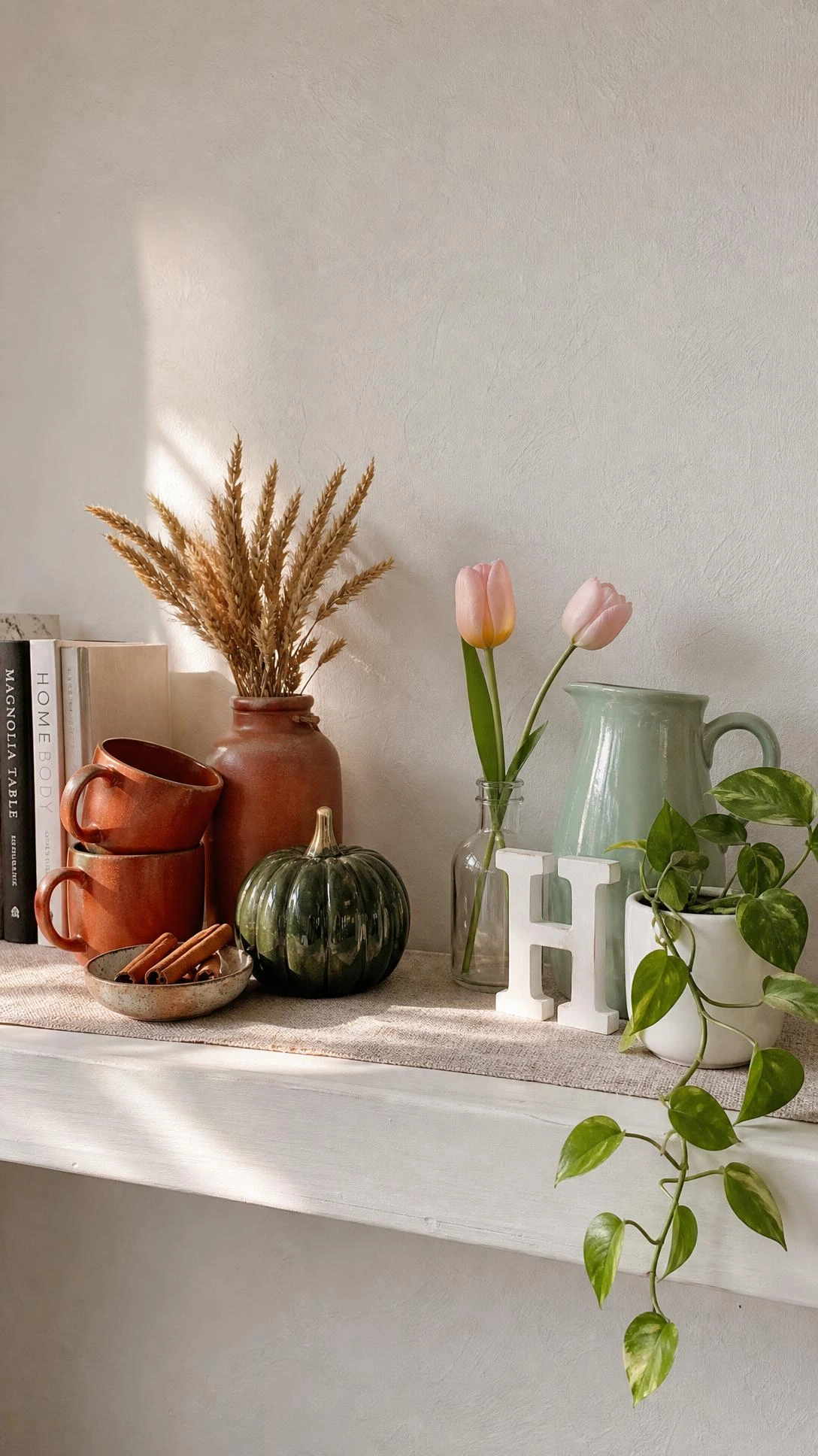 White floating kitchen shelves styled in two seasonal arrangements — autumn with burnt orange mugs and dried wheat versus fresh seasonal decor, showing easy kitchen shelf rotating
