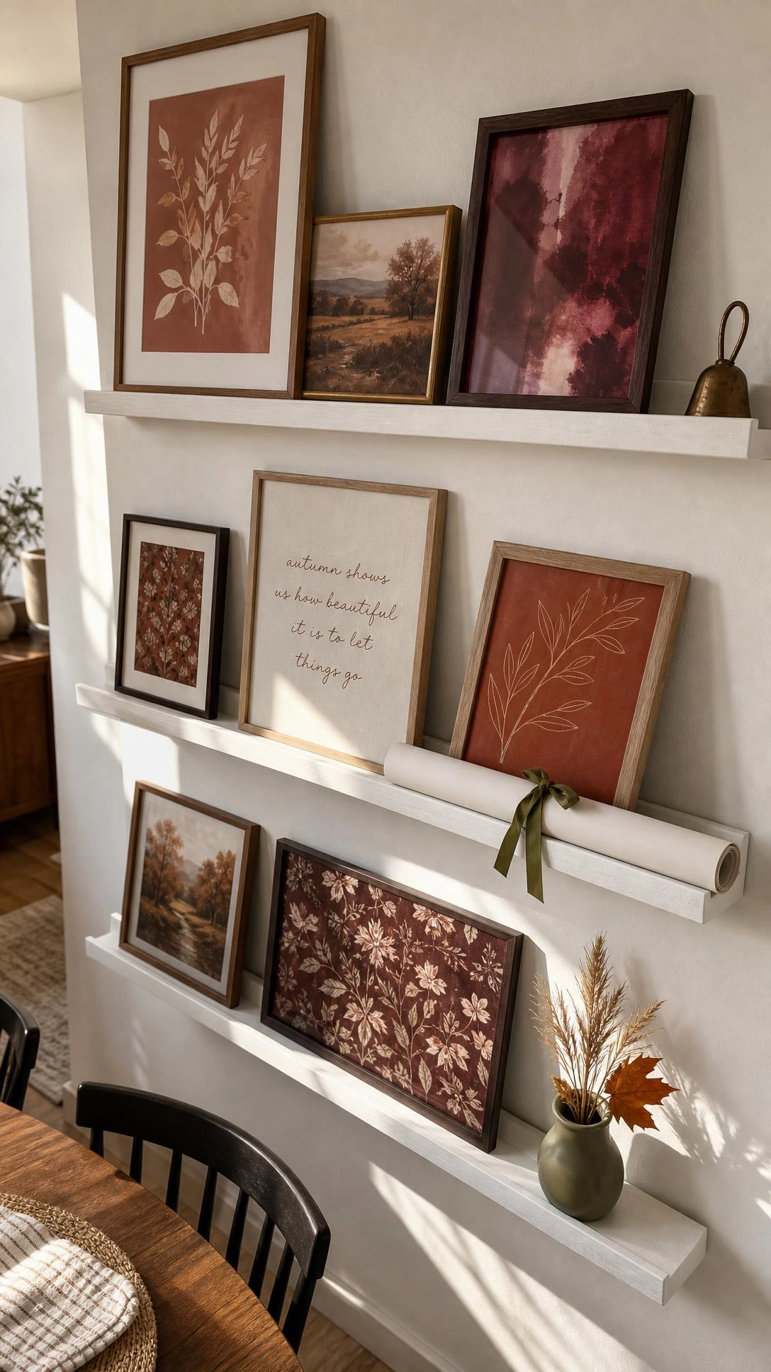 White picture ledges at staggered heights holding autumn botanical prints and burgundy watercolors during a seasonal art swap in a dining room
