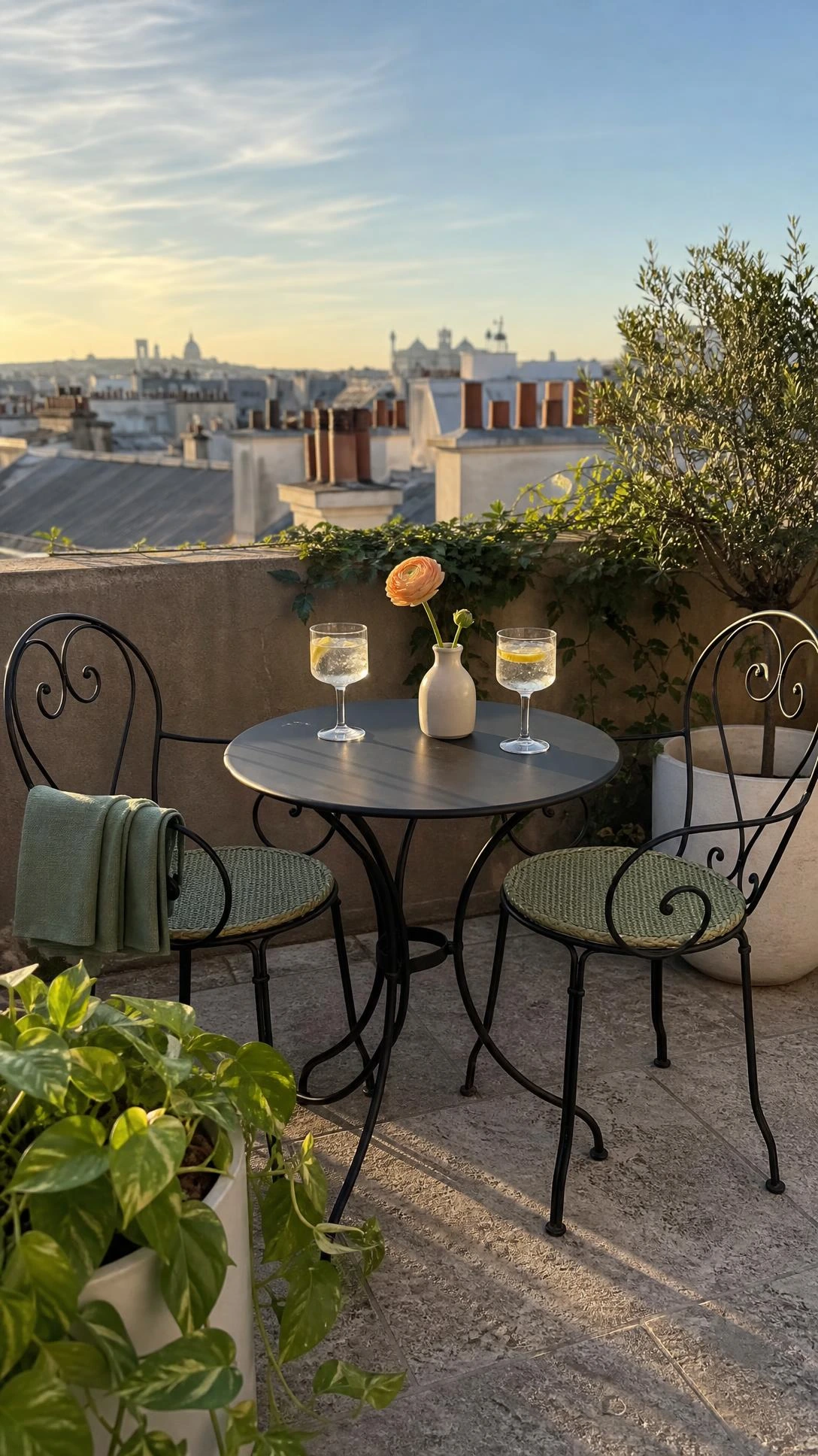 Matte black round bistro table for two on a sun-drenched rooftop terrace, styled for an intimate summer dining setup under a warm blue sky