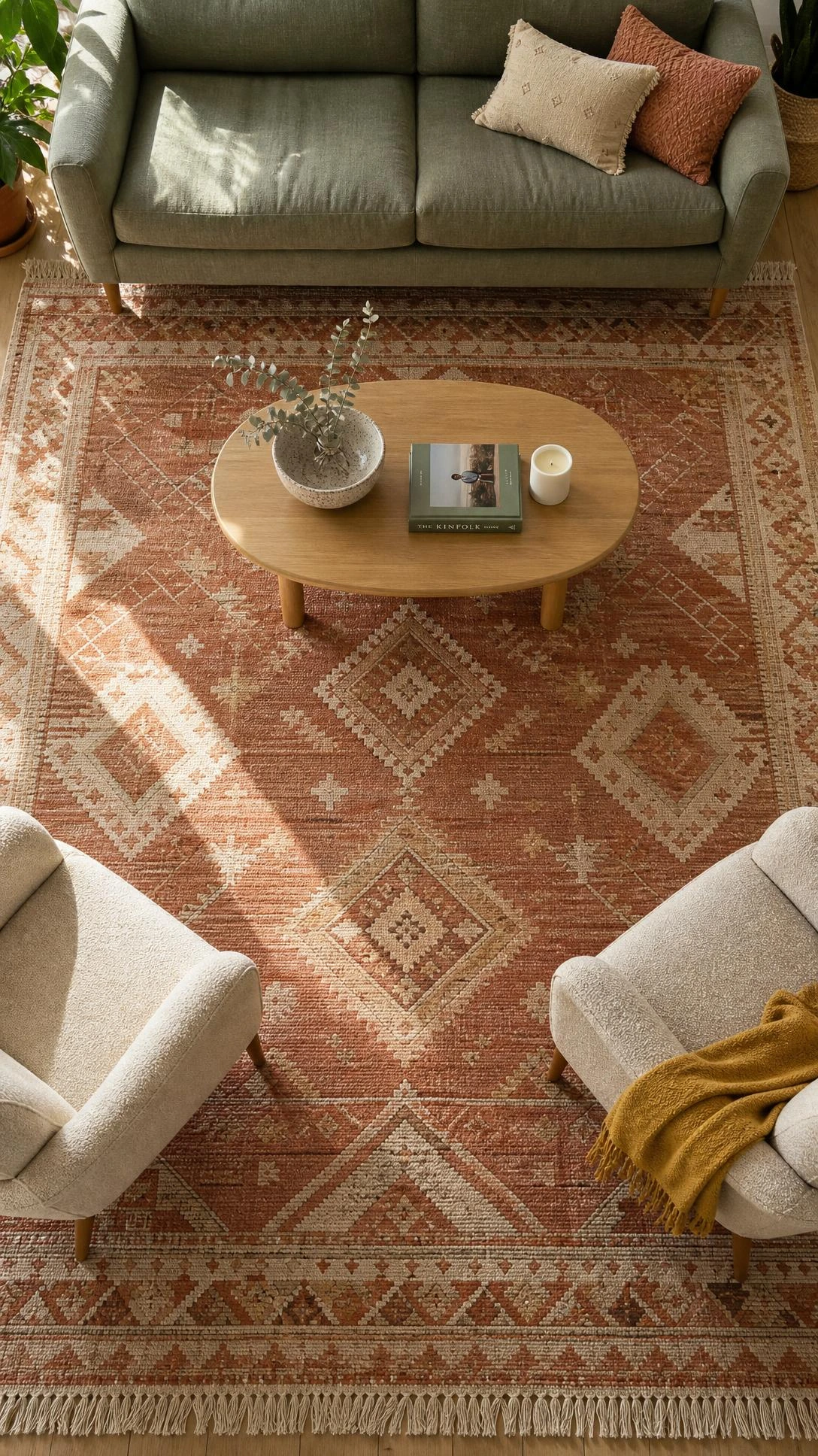 Overhead flat lay of a large area rug anchoring a living room, with sage green sofa and light oak coffee table legs resting fully on it