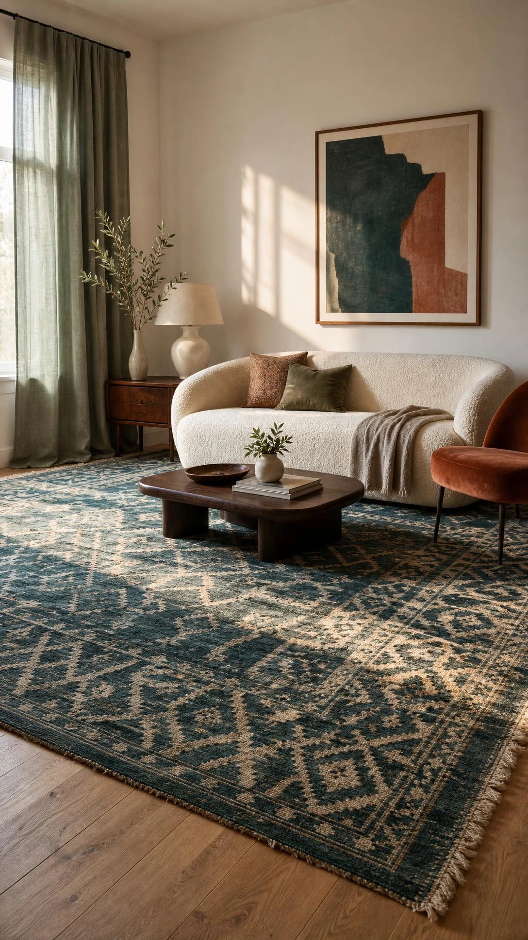 Oversized teal and ivory geometric rug anchoring a full drawing room seating area, with edges extending beneath sofa legs and past the coffee table — proving a luxury drawing room rug should always go bigger than instinct says