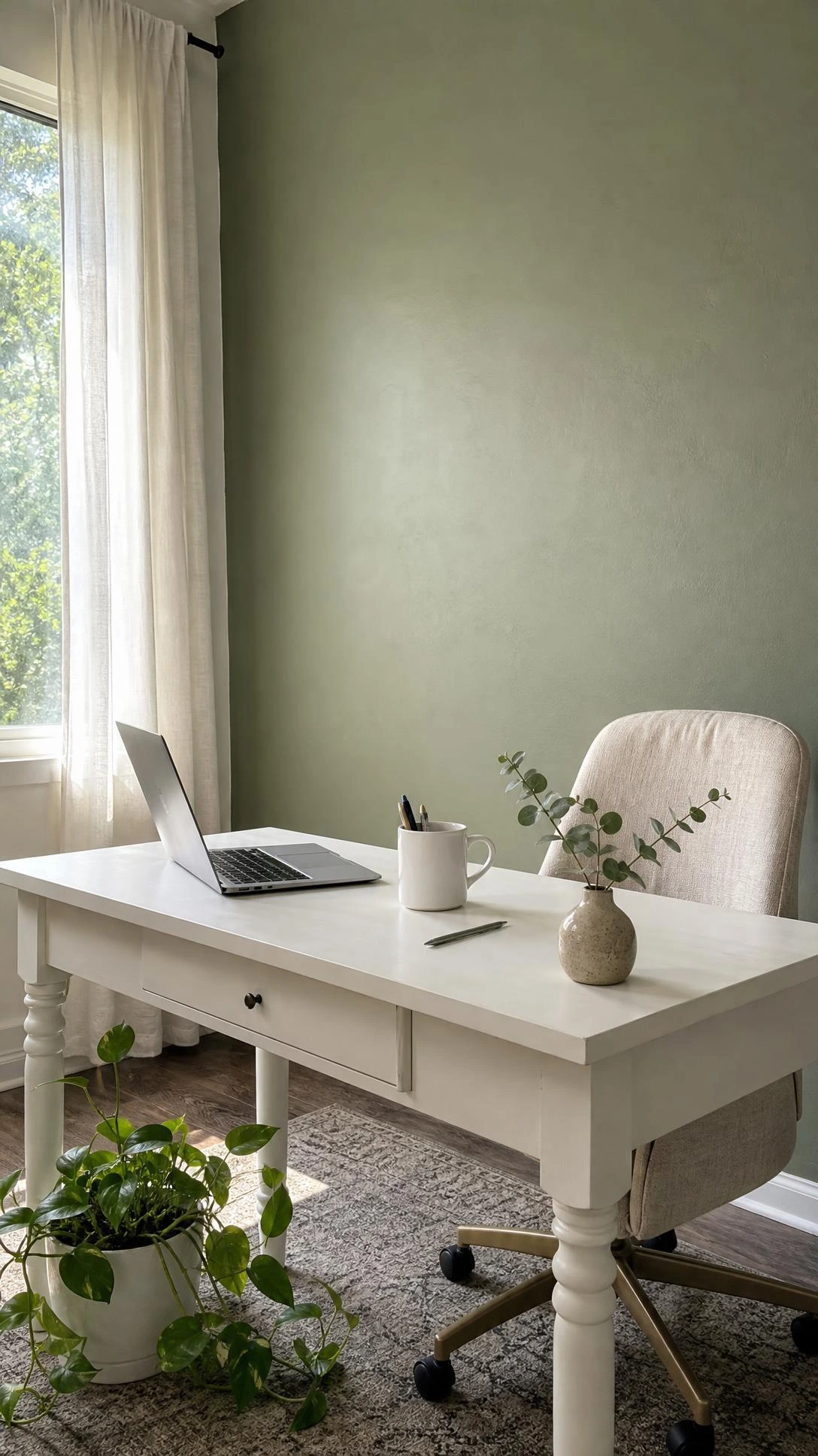 Sage green accent wall behind a white wooden desk in a calm home office, showing how muted earthy tones create a focused, productive workspace