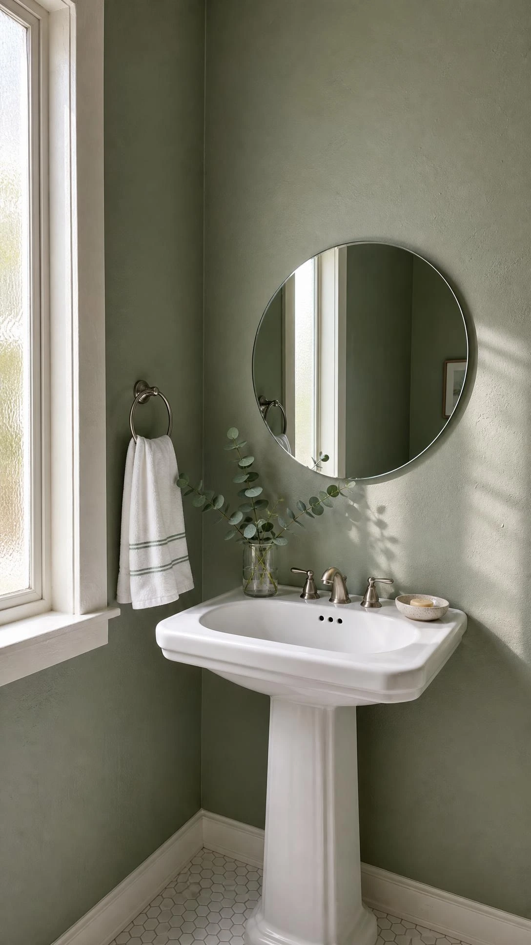 Coastal bathroom with dusty sage green walls and white pedestal sink — a budget-friendly way to achieve an elevated, spa-like coastal look