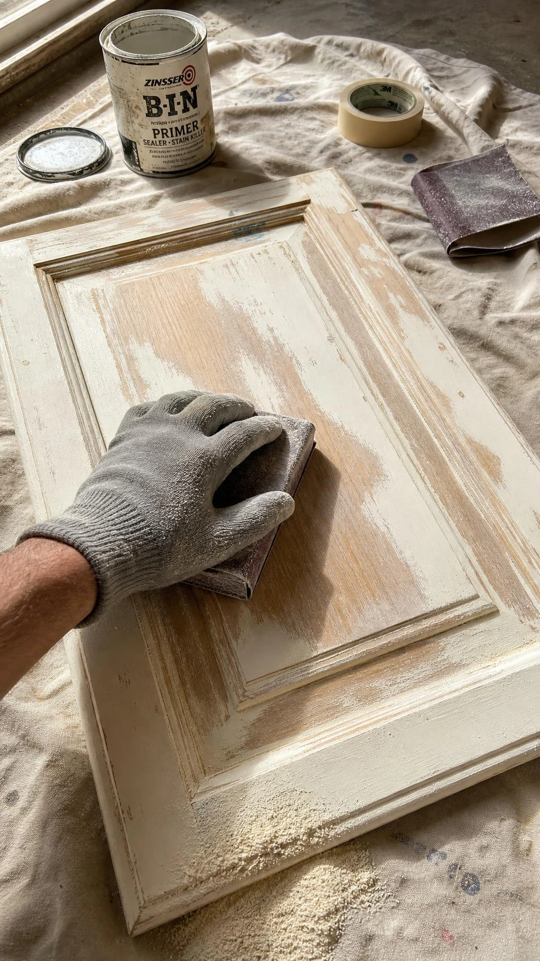 Wooden cabinet door mid-sanding on a garage drop cloth, cream paint partially stripped to reveal raw wood grain — a key prep step for cabinet makeover success