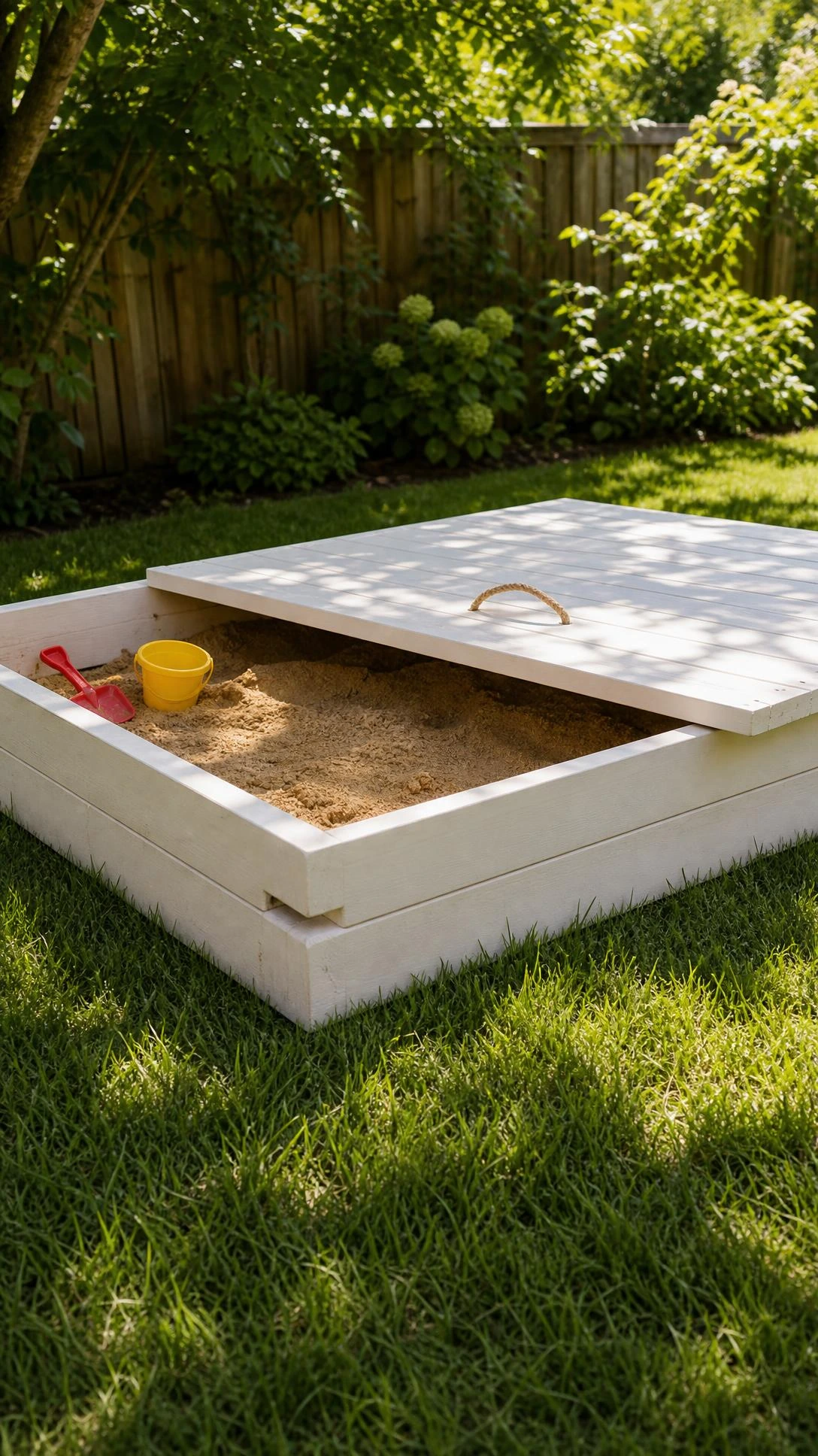 White wooden sandbox with matching fitted cover and rope handle sits in a sunny backyard, keeping sand clean and ready for kids to play