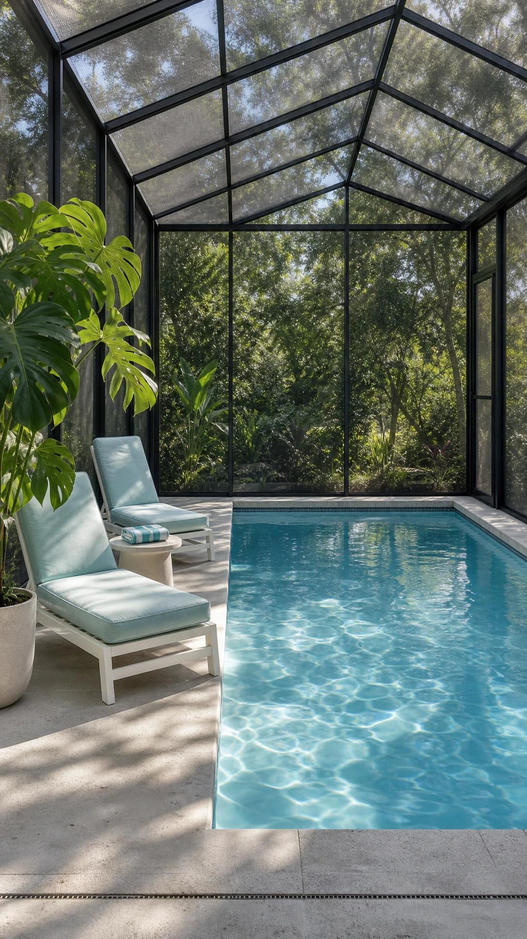 Modest rectangular indoor pool with shimmering aqua water inside a tall screened enclosure, proving budget-friendly screened-in pool designs can look serene and polished