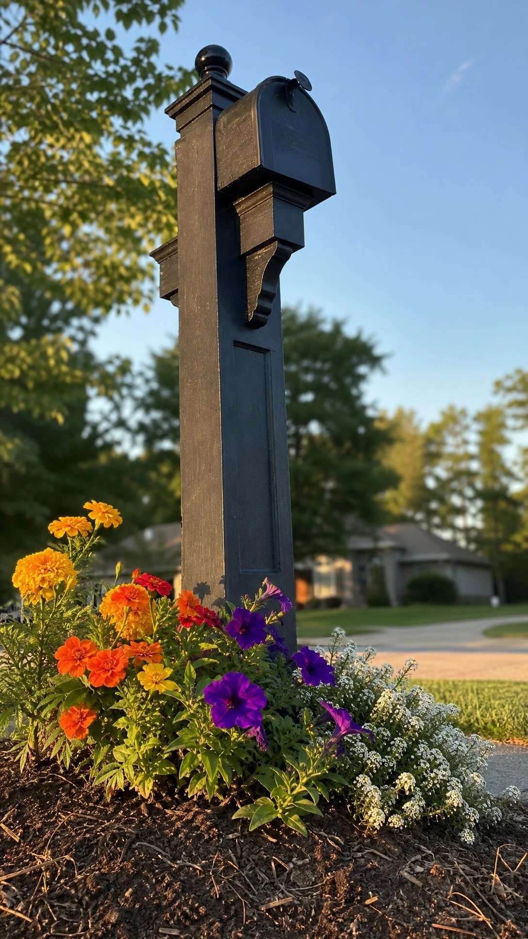 Black wooden mailbox post surrounded by vibrant marigolds, purple petunias, and trailing white alyssum at the base, boosting mailbox curb appeal with seasonal color