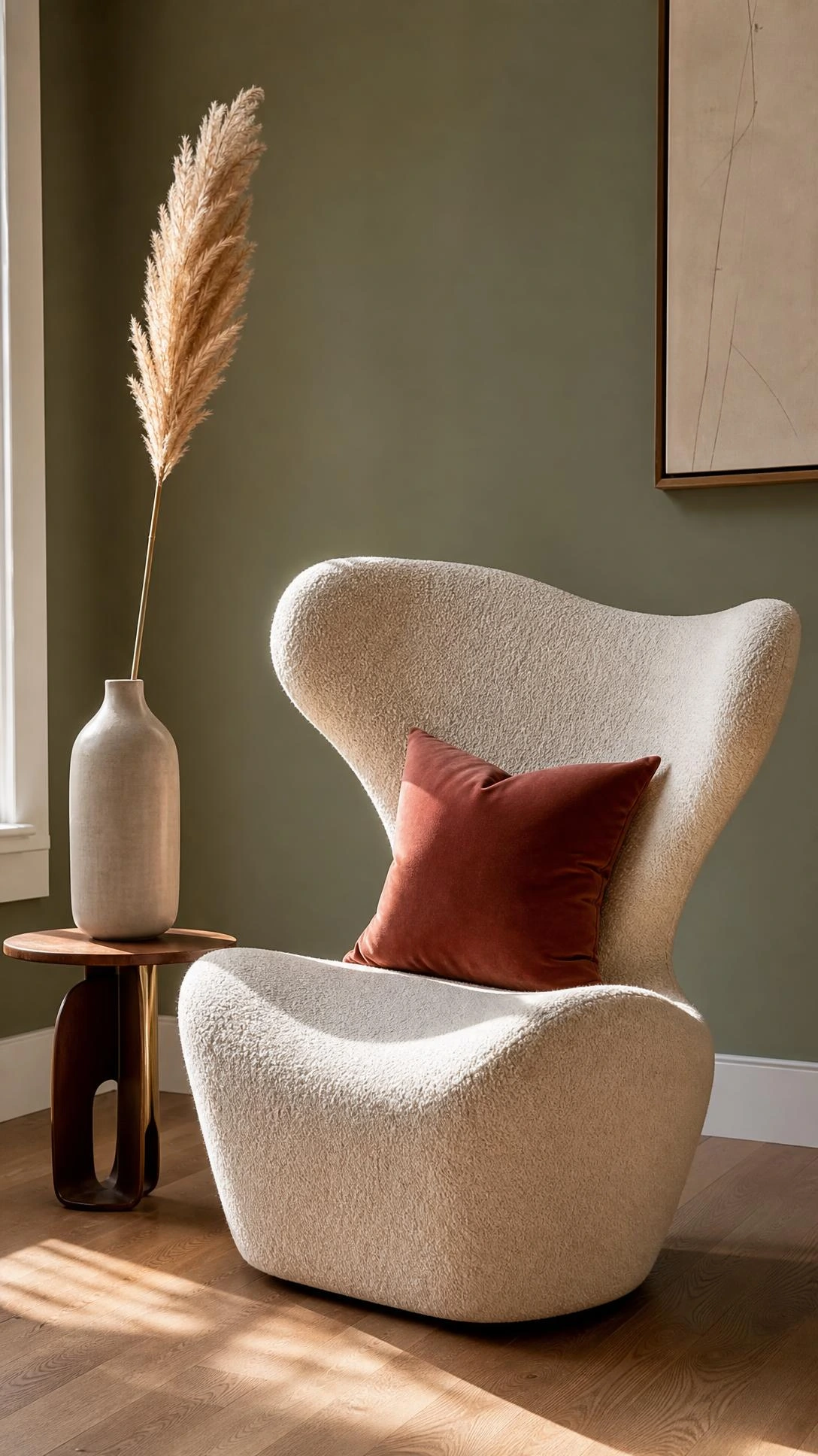 Sculptural ivory boucle accent chair with dramatically curved organic silhouette anchoring a chic living room corner