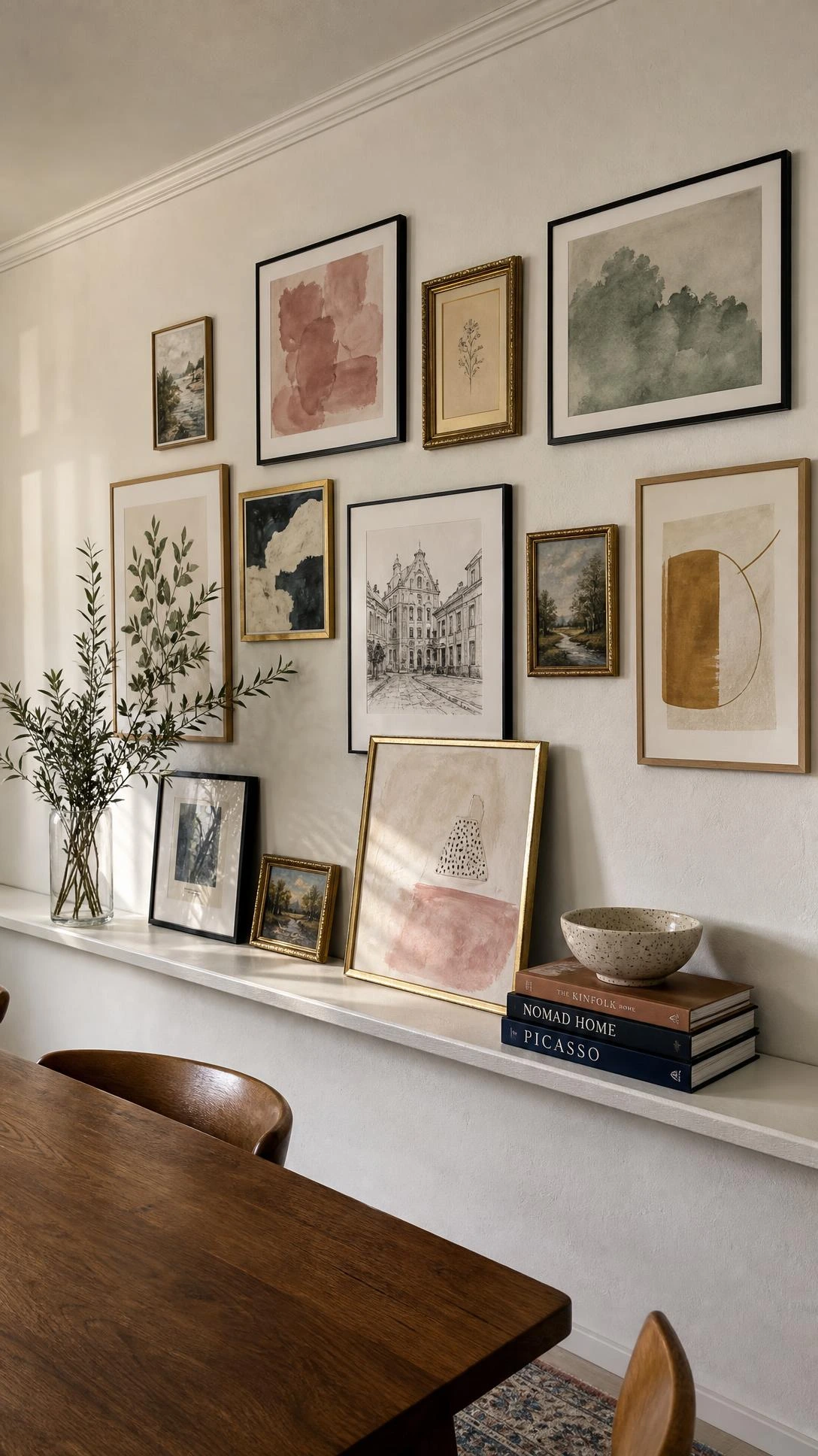 White floating shelf running the length of a dining room wall, layered with leaning frames and gallery art creating an eclectic shelf and frame combo