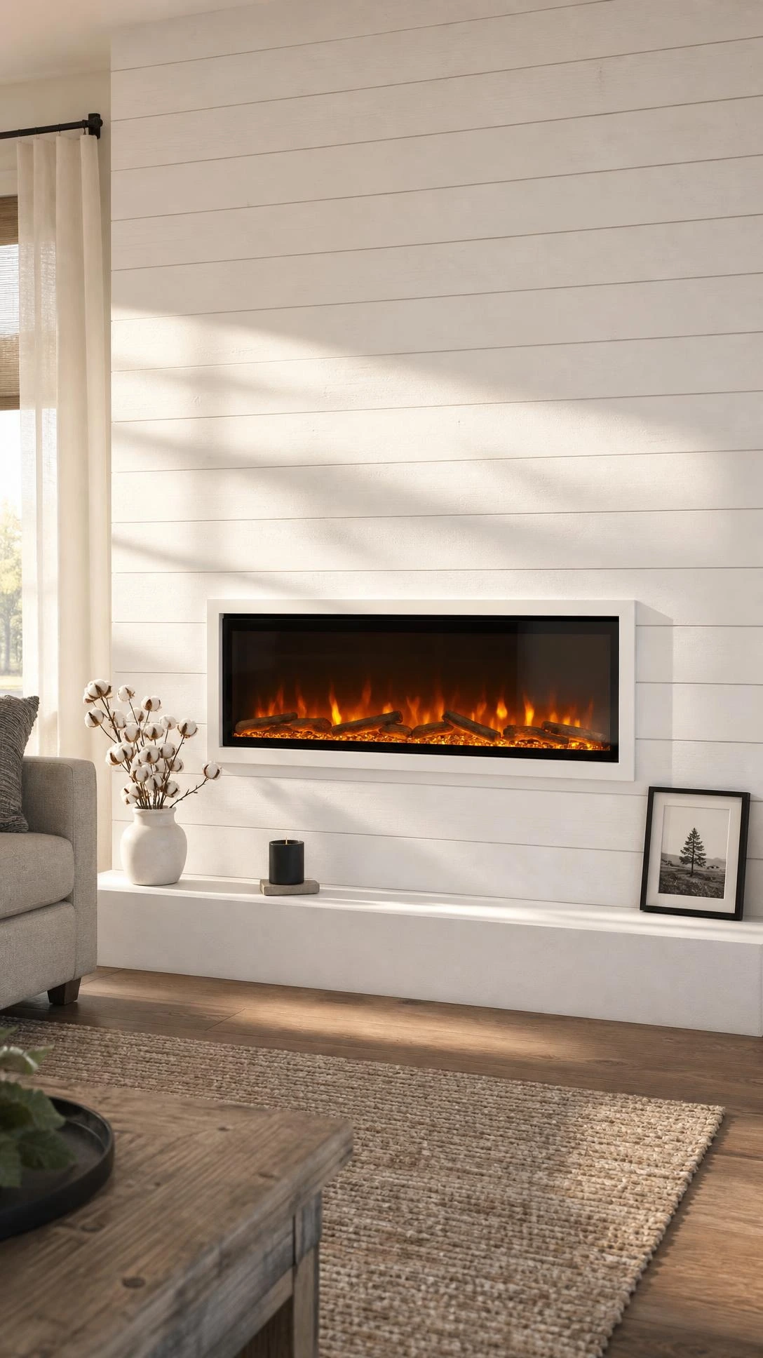 White electric fireplace insert built into a floor-to-ceiling shiplap accent wall with horizontal painted planks and subtle wood grain texture