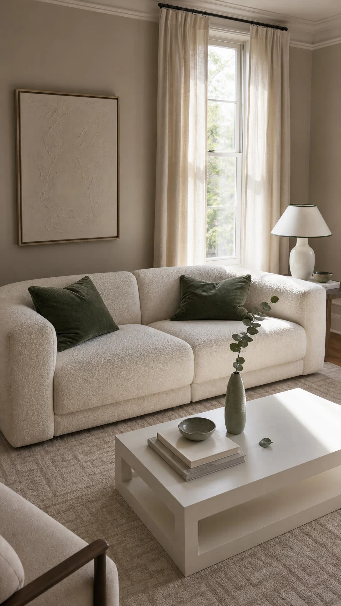 Small formal living room in warm greige and ivory boucle with one bold accent color, showing how a neutral palette keeps tight spaces feeling elegant