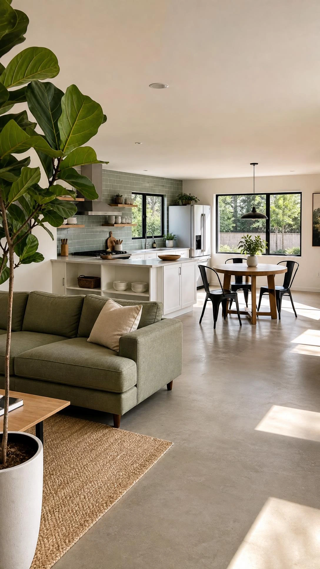 Modern single-story ranch home interior with open-concept layout flowing from entry to kitchen, eliminating hallway wasted space for a smarter small house plan