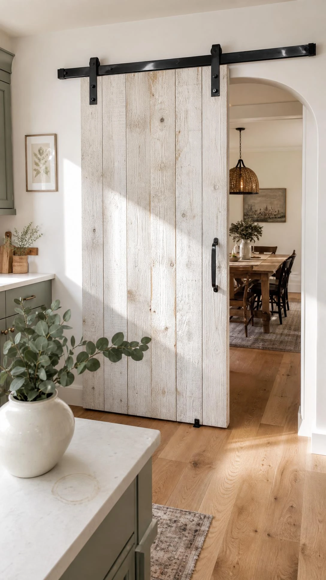 Whitewashed reclaimed wood sliding barn door on matte black rail track partially open between kitchen and dining room in bright open-plan home