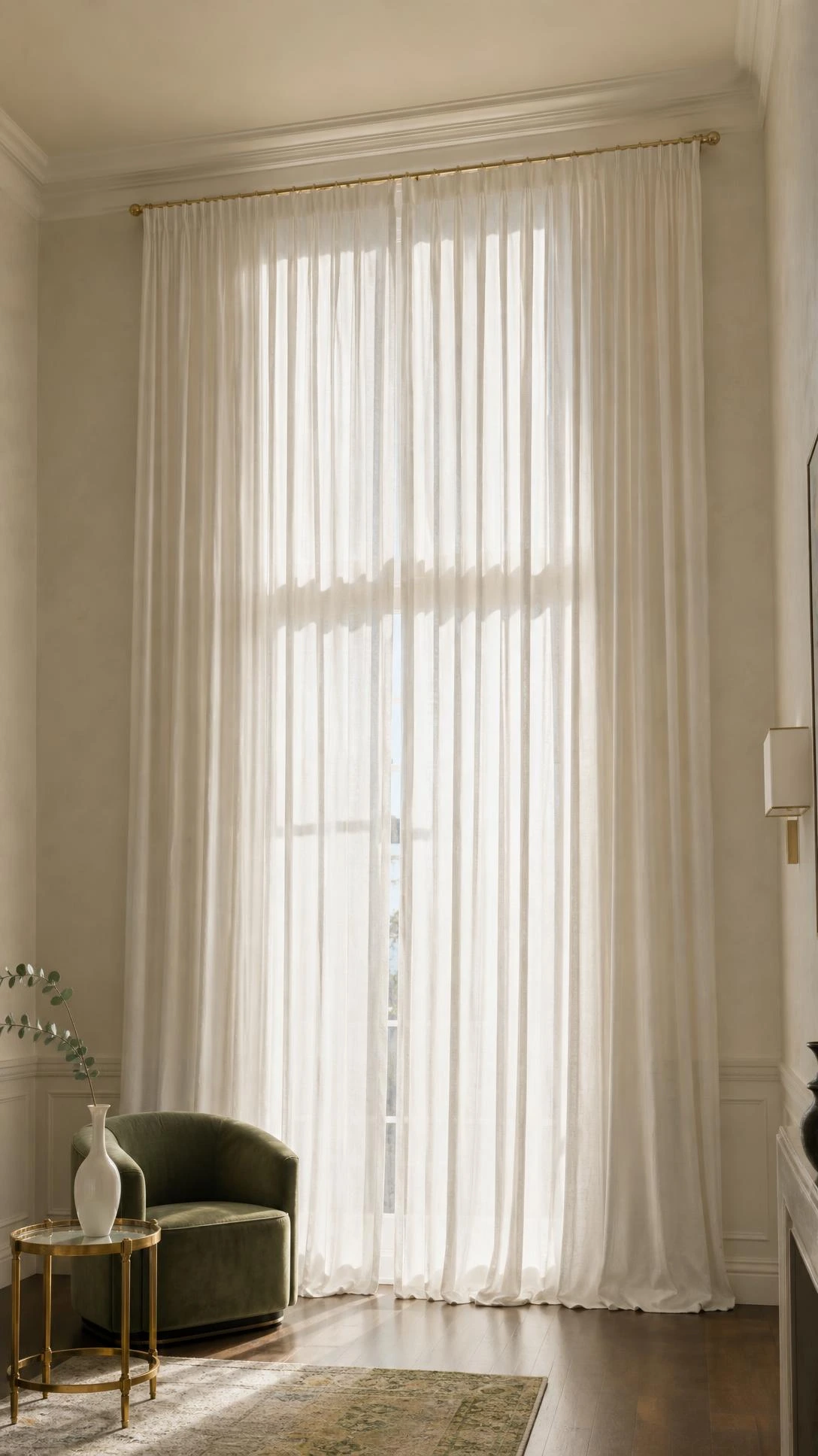 Slim ivory silk-linen curtains hung ceiling-to-floor in a small formal living room, making narrow windows appear taller and the space more elegant